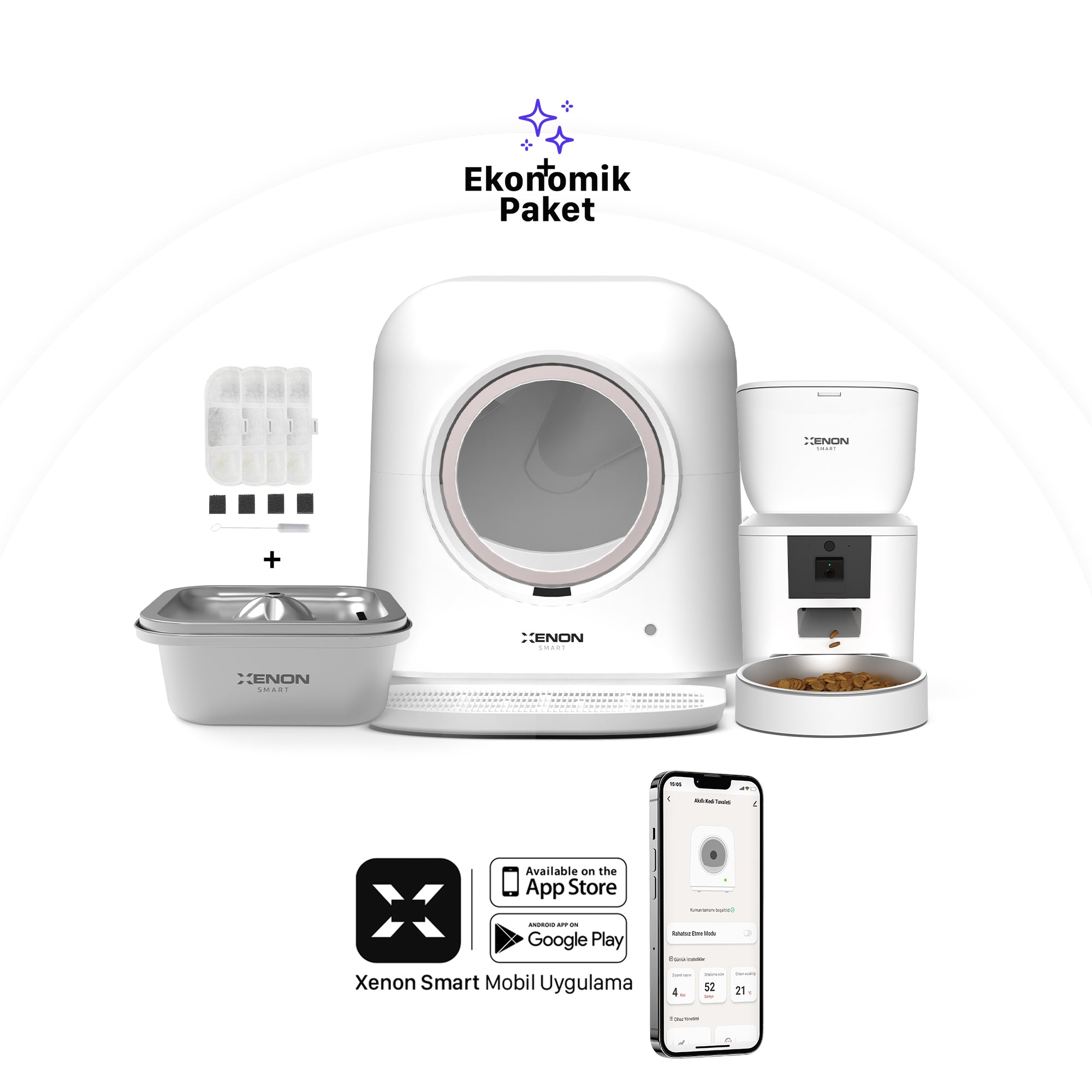 Akıllı Kedi Tuvaleti, Mama Kabı, Çelik Su Pınarı ve Filtre Seti