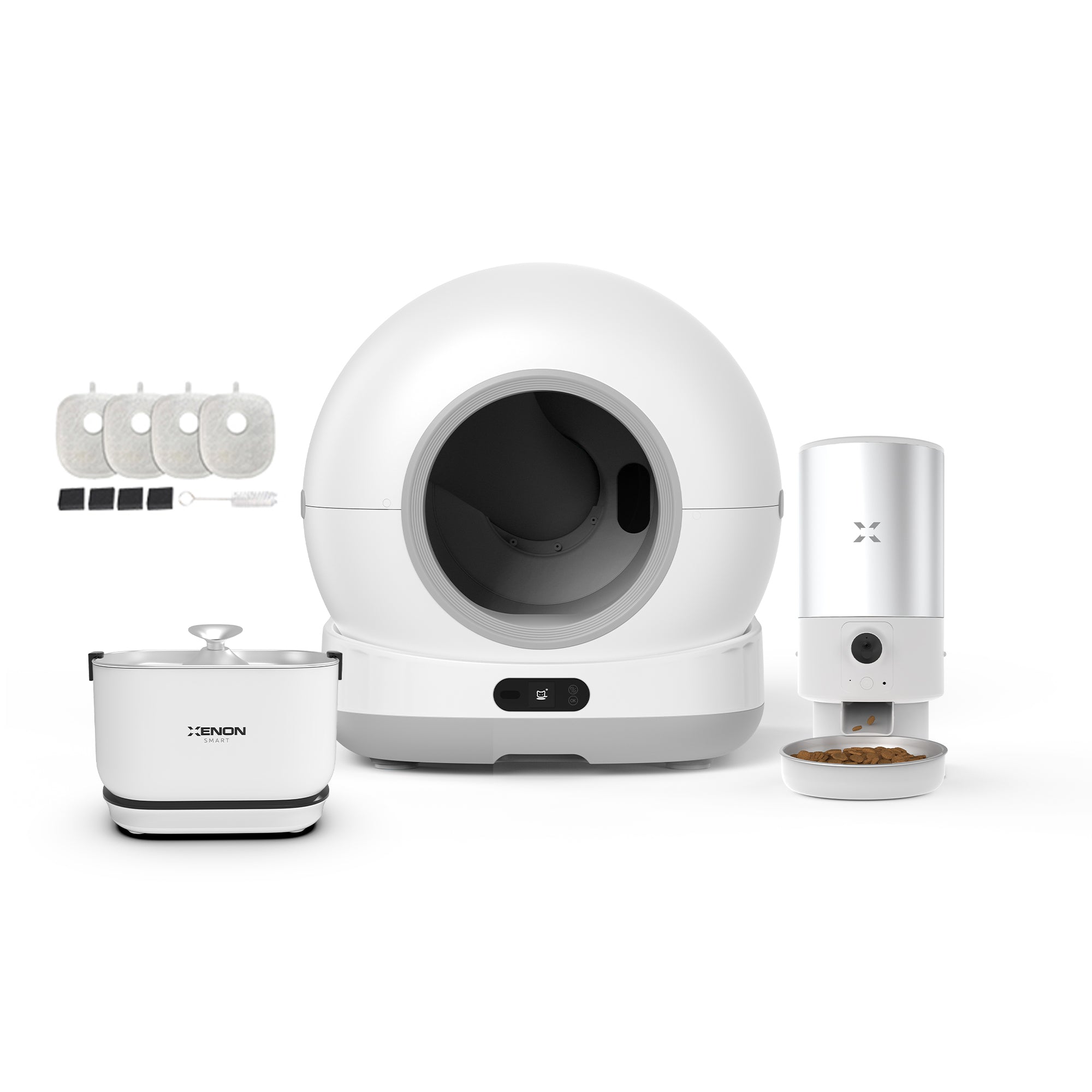 Xenon Smart Kedi Tuvaleti (Kameralı), Mama Kabı (Kameralı) 5L, Su Pınarı (Kablosuz) ve Yedek Filtre — 4'lü Set