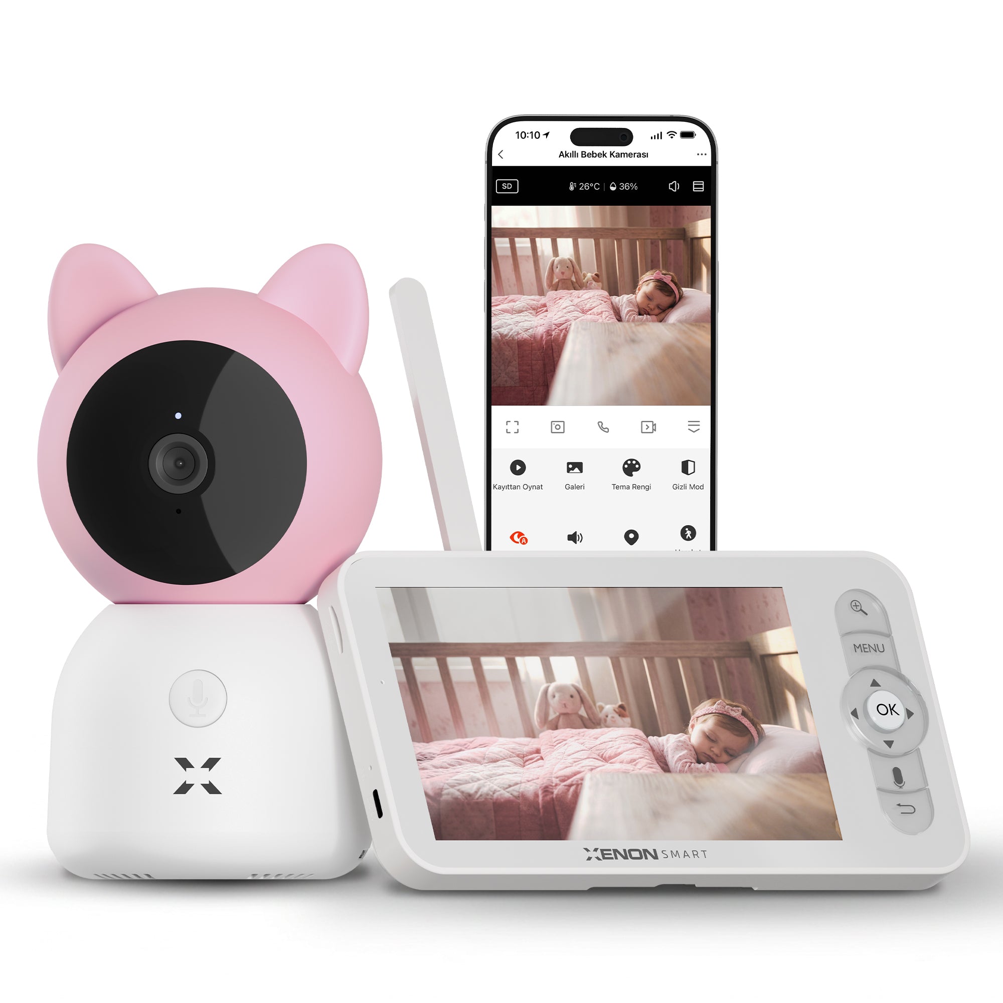 Bebek Kamerası 3MP | 5" LCD Monitör, Mobil Takip, Ağlama Algılama, 360° Gece Görüş, RGB Lambalı (Pembe-X7202)