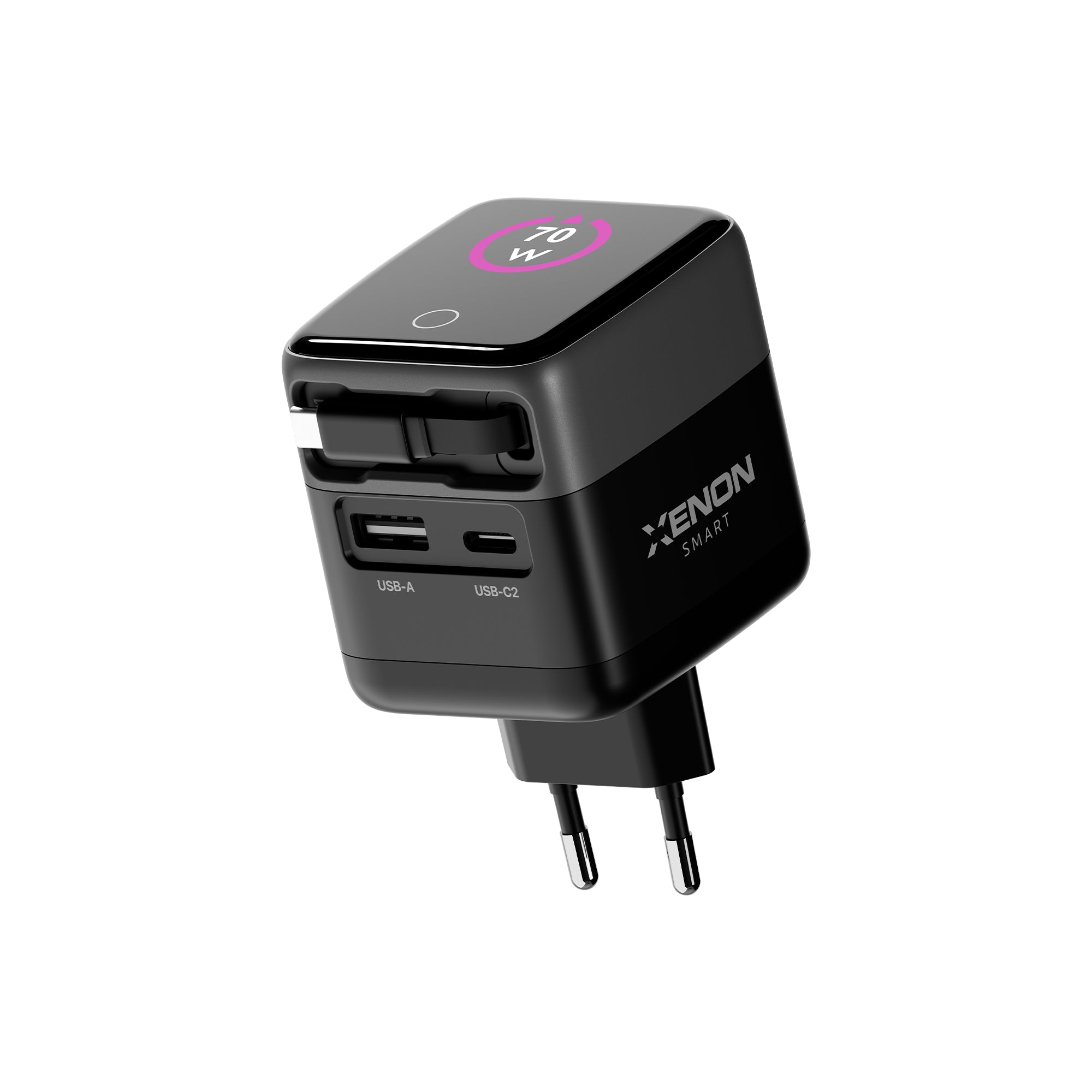 Hızlı Şarj Adaptörü | 70W, GaN, USB-C & USB-A, Dahili Type-C Kablo, PD PPS, Dijital Ekran (X6413)