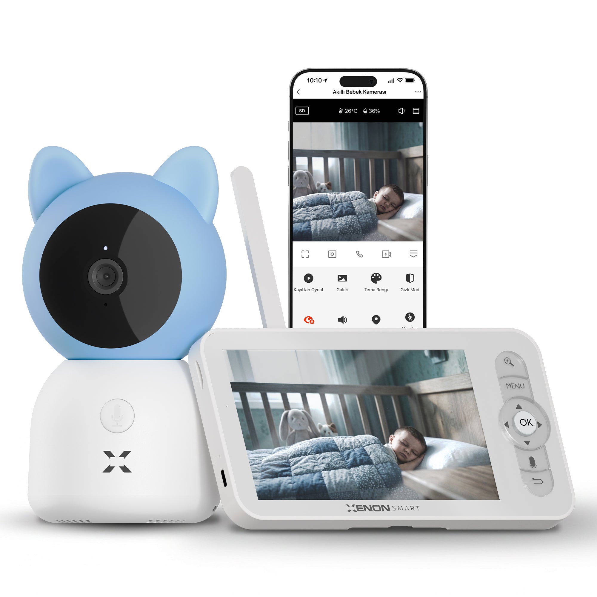 Bebek Kamerası 3MP | 5" LCD Monitör, Mobil Kontrol, Ninni, Hareket Algılama, Gece Görüş, RGB Lambalı (Mavi-X7202)