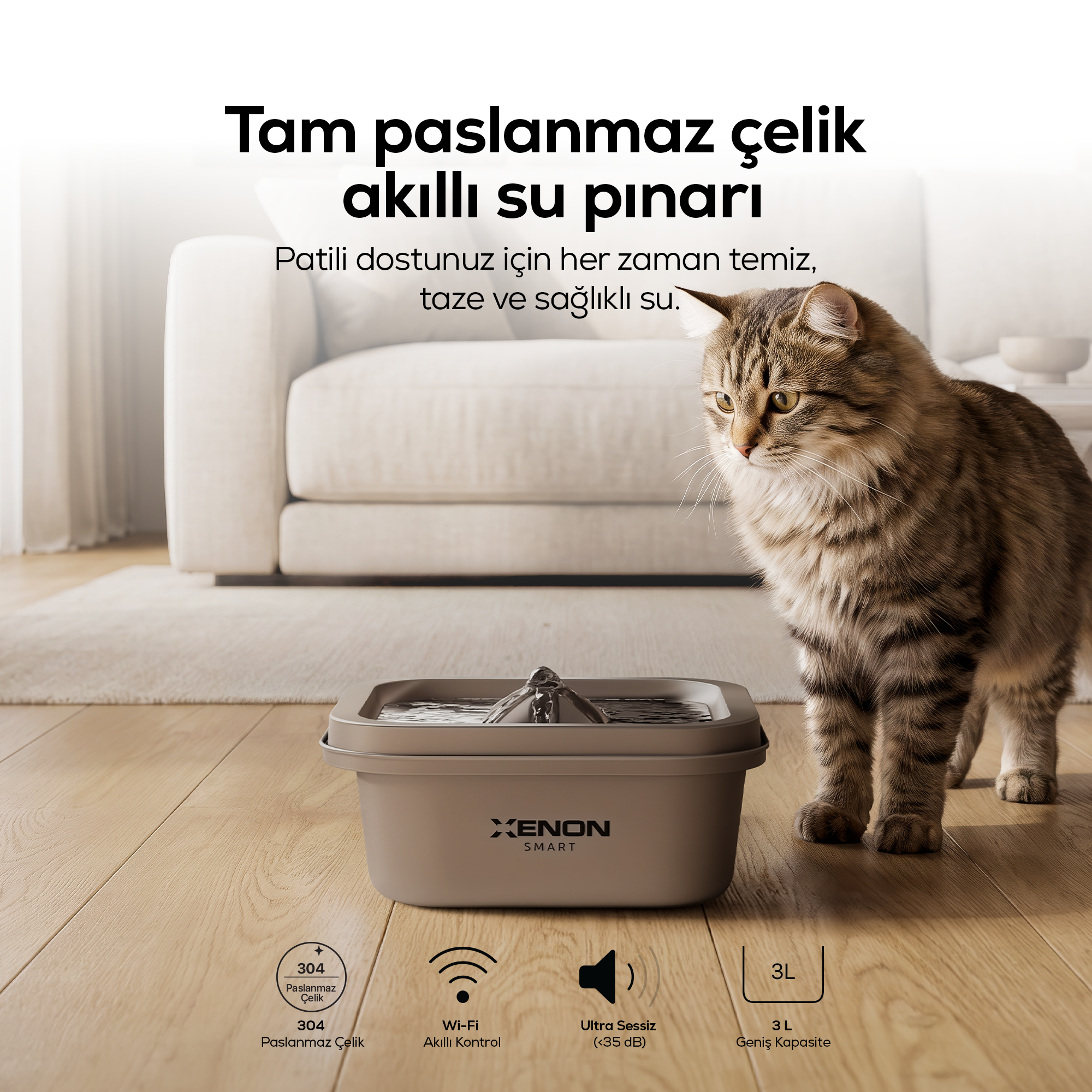 Kedi Su Pınarı | Çelik, Akıllı, 3L, Ultra Sessiz, Mobil Kontrol Destekli, Kedi Çeşmesi (X8651)