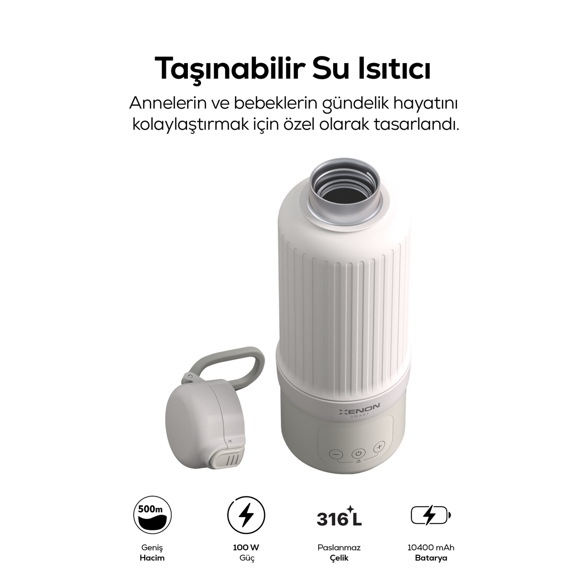 Taşınabilir Su Isıtıcı | Modüler Bataryalı, 500 ml, Paslanmaz Çelik, Sıcaklık Ayarlı, Mama ve Süt Isıtıcı (X1004)