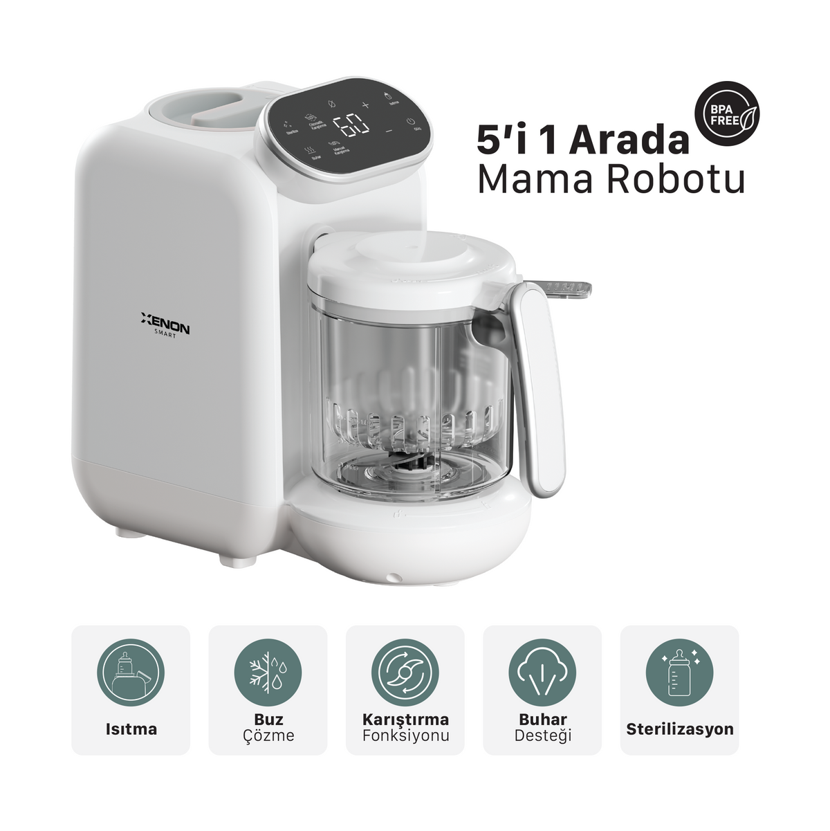 5'i 1 Arada Bebek Mama Robotu – Buharlı Pişirici, Blender ve Mama Hazırlama Makinesi (X1010)