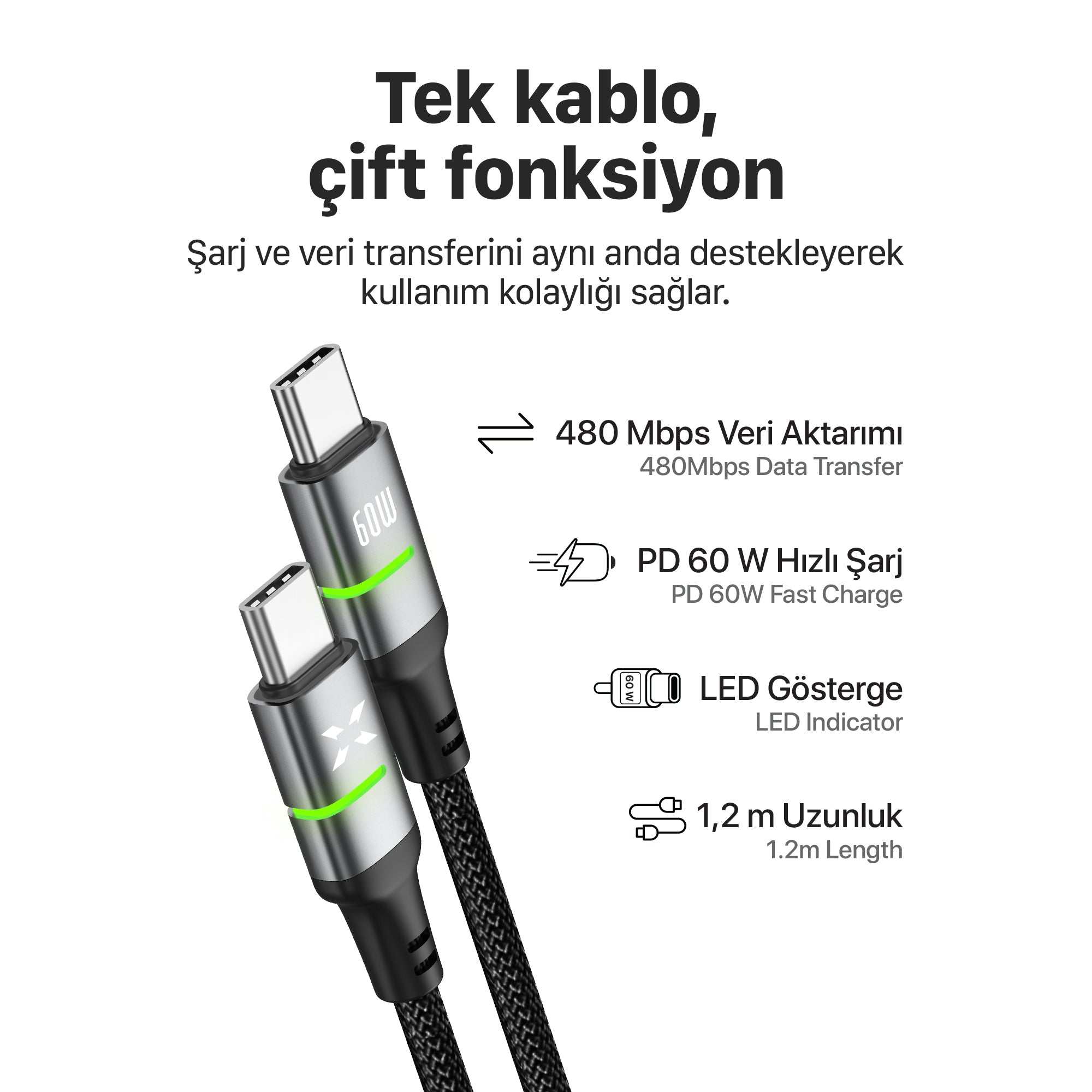 Type C Hızlı Şarj Kablosu | Type-C to Type-C, 60W, 480 Mbps, 1.2m, PD, Örgü, Led Gösterge (X6421)