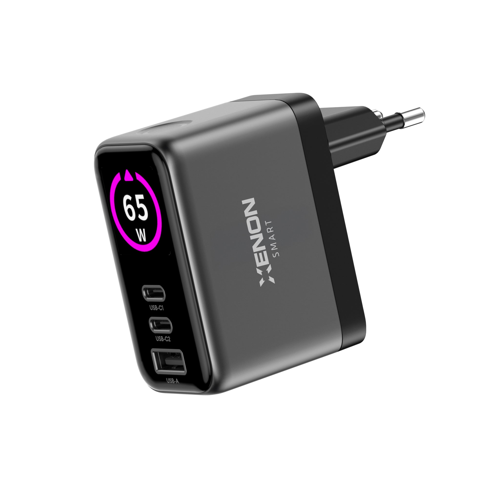 Hızlı Şarj Adaptörü | 65W, GaN, 2x USB-C ve 1 USB-A Çıkışlı, PD PPS, Dijital Güç Ekranlı (X6414)