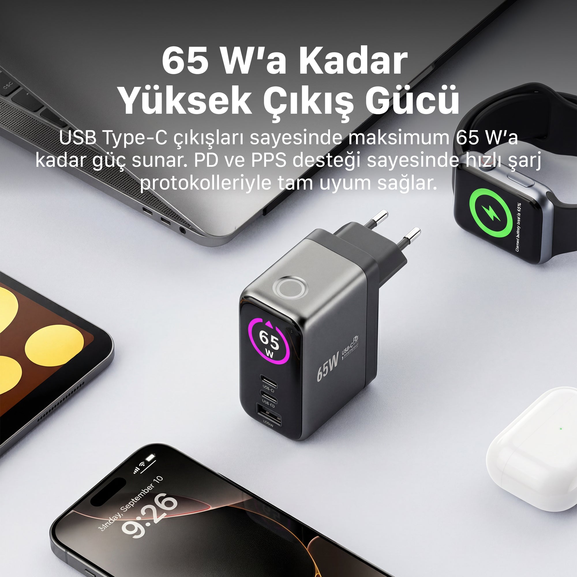 Hızlı Şarj Adaptörü | 65W, GaN, 2x USB-C ve 1 USB-A Çıkışlı, PD PPS, Dijital Güç Ekranlı (X6414)