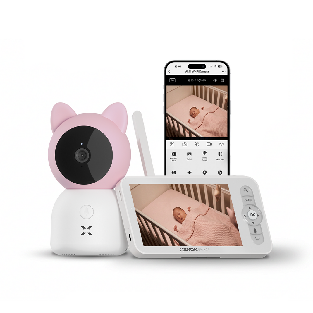 Bebek Kamerası 3MP | 5" LCD Monitör, Mobil Takip, Ağlama Algılama, 360° Gece Görüş, RGB Lambalı (Pembe-X7202)