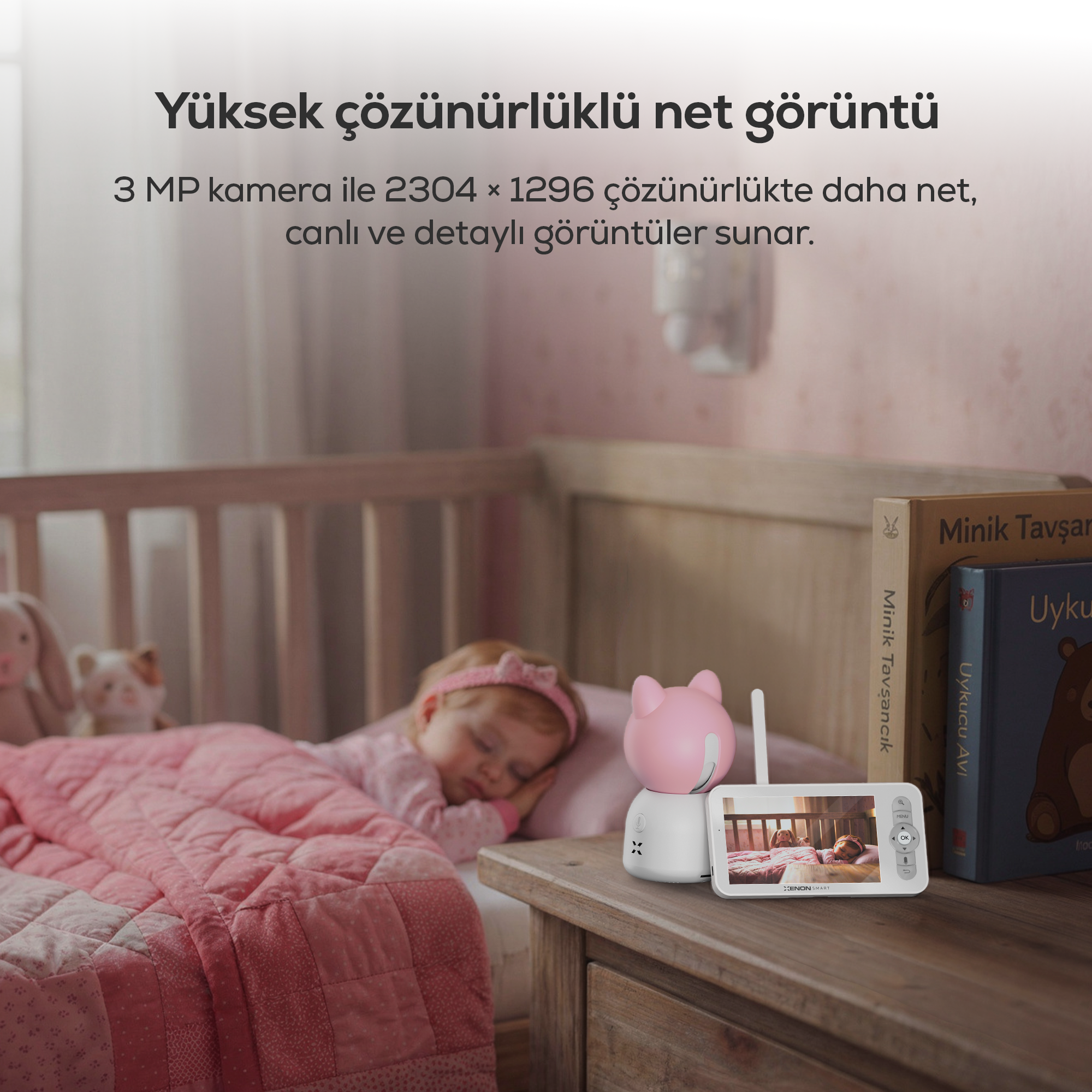 Bebek Kamerası 3MP | 5" LCD Monitör, Mobil Takip, Ağlama Algılama, 360° Gece Görüş, RGB Lambalı (Pembe-X7202)