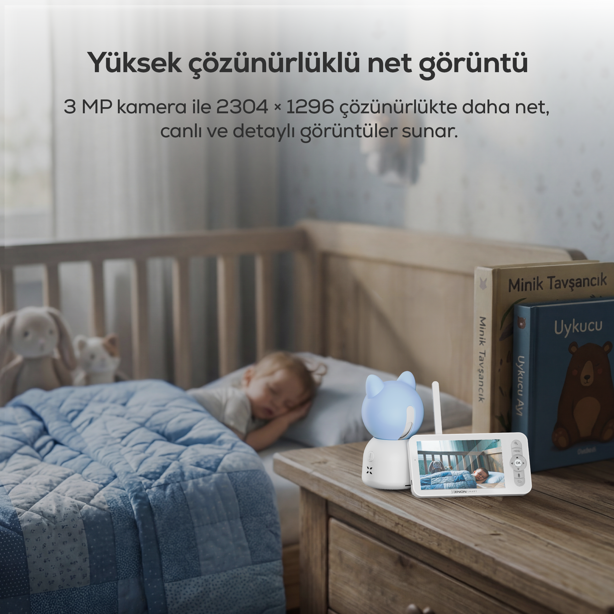Bebek Kamerası 3MP | 5" LCD Monitör, Mobil Kontrol, Ninni, Hareket Algılama, Gece Görüş, RGB Lambalı (Mavi-X7202)