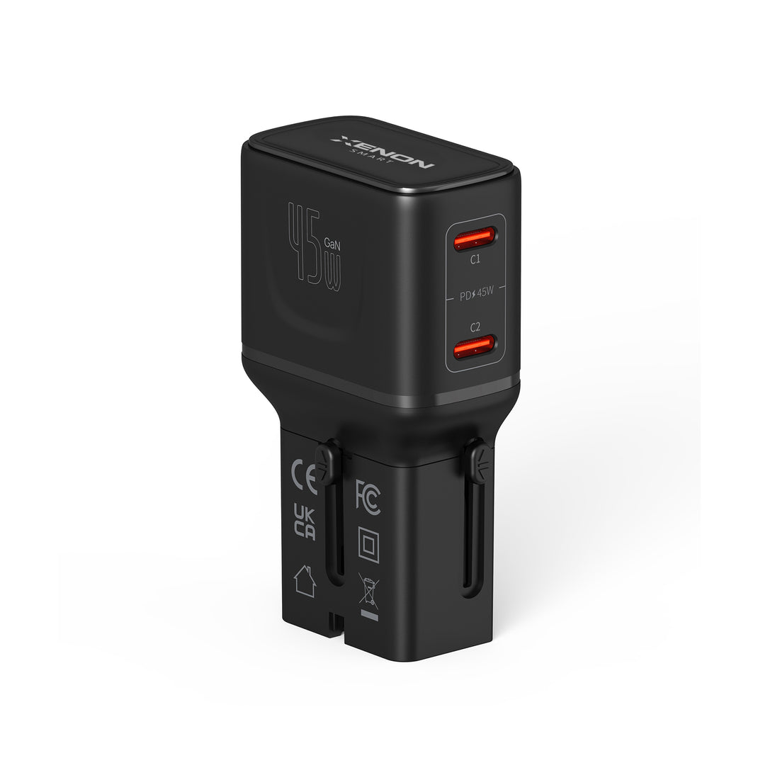 Priz Dönüştürücü | 45W GaN Hızlı Şarj, 200+ Ülke, 2x USB-C, PD PPS, Seyahat Adaptörü (X6409)