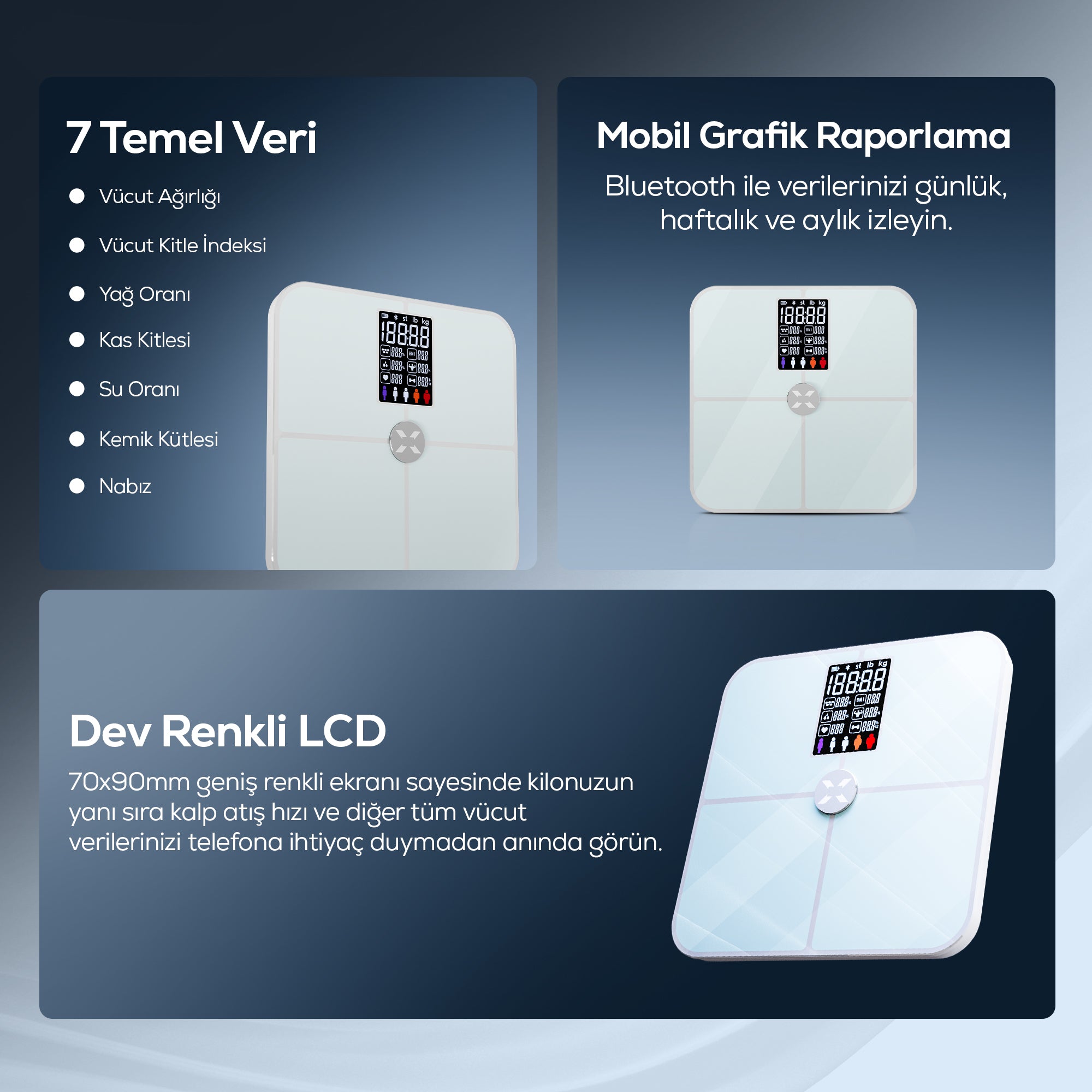 Akıllı Tartı | 17 Temel Vücut Analizi, Nabız Ölçer, Mobil Kontrol, Dijital Baskül (Beyaz - X8702)