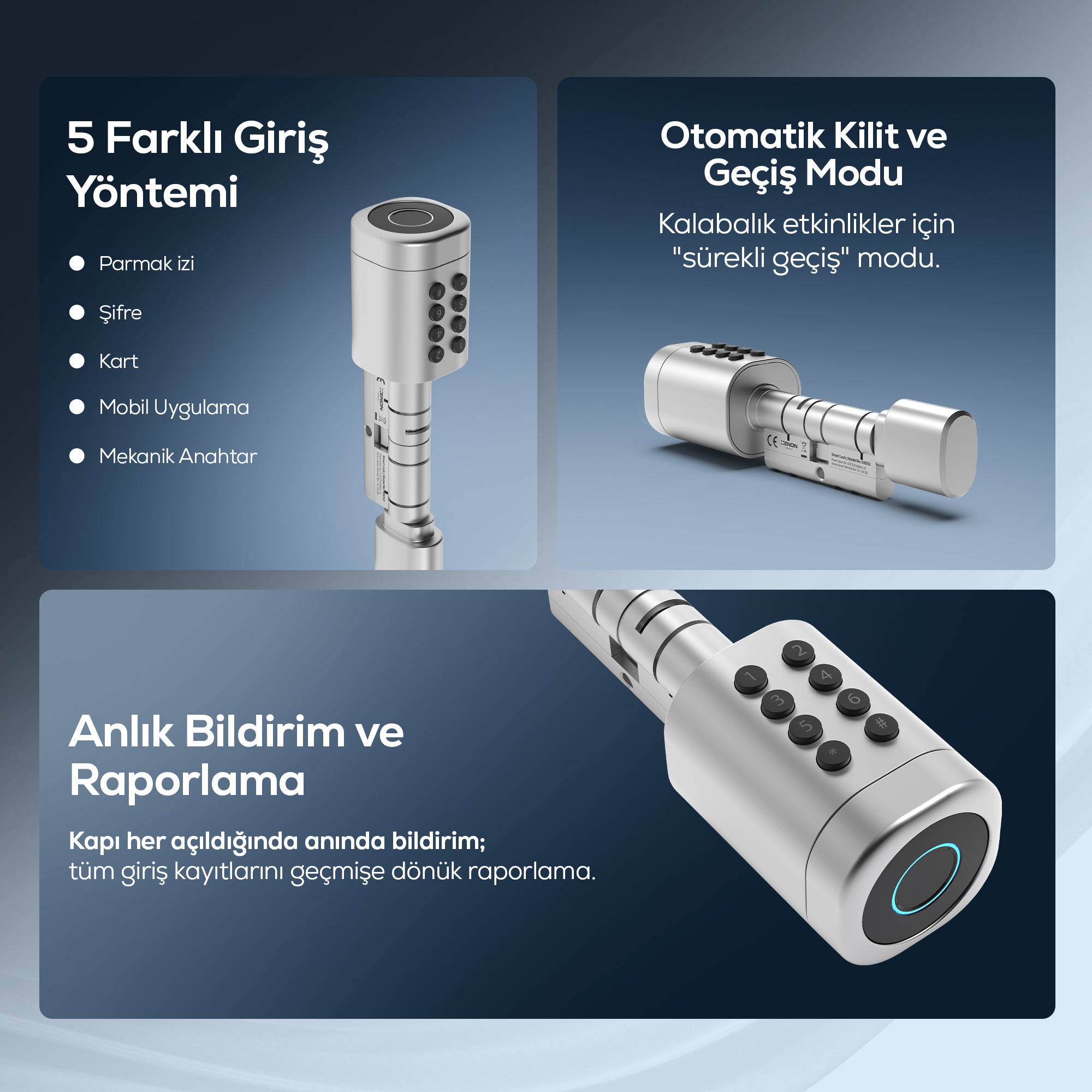 Akıllı Kapı Kilidi | Gümüş Seri, 5'li Giriş, Parmak İzli, Mobil, Şifre, Kart, Smartlock (X8052)