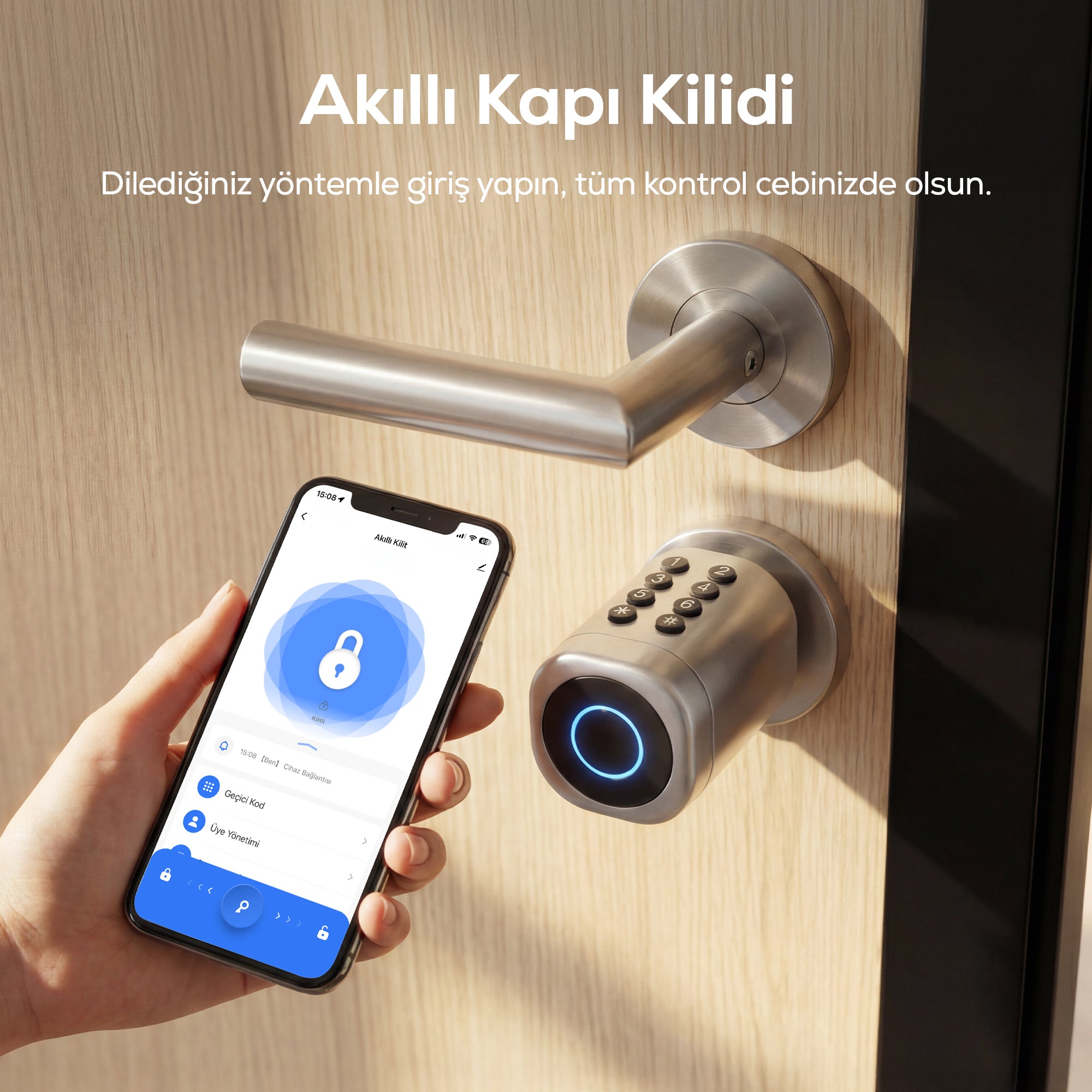 Akıllı Kapı Kilidi | Gümüş Seri, 5'li Giriş, Parmak İzli, Mobil, Şifre, Kart, Smartlock (X8052)