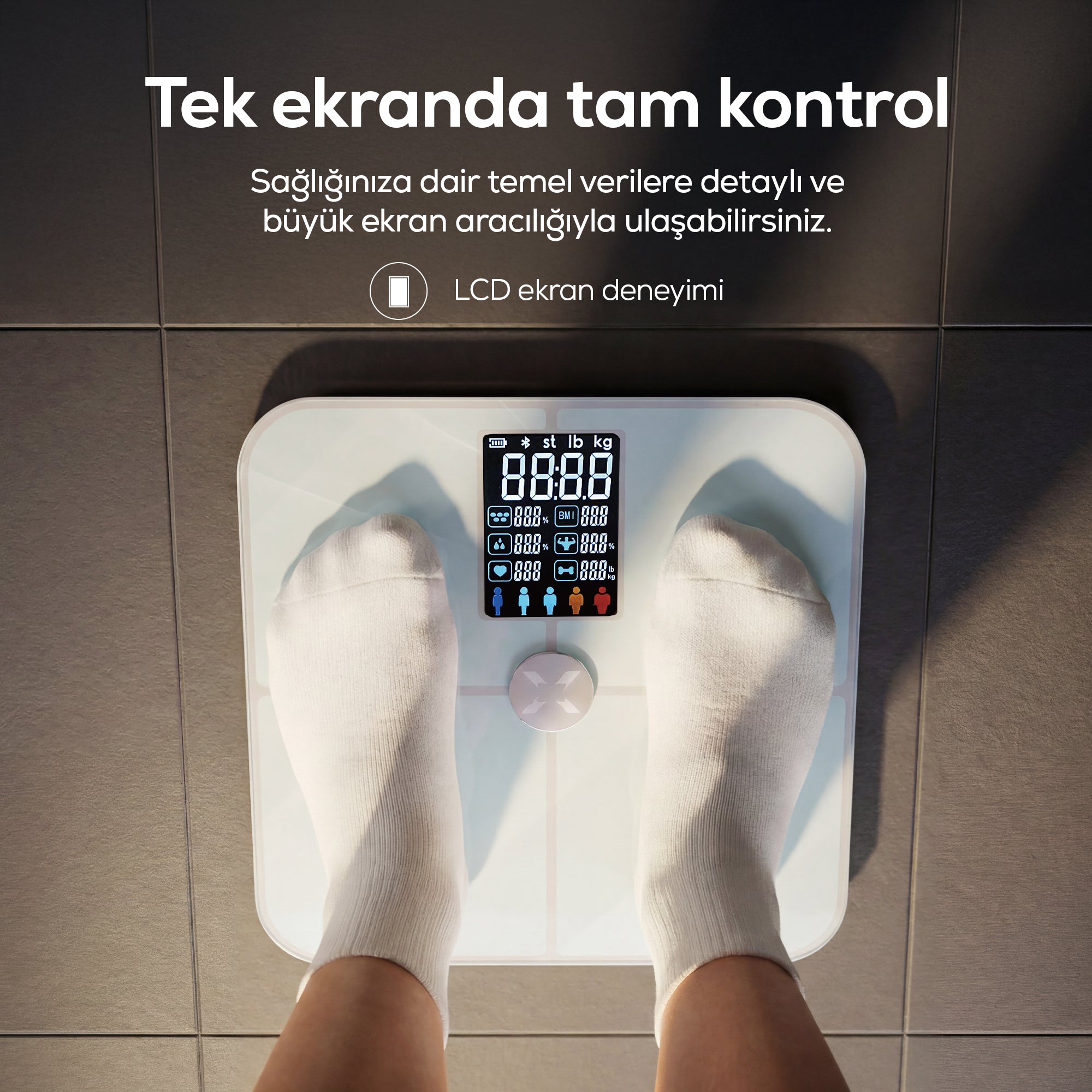 Akıllı Tartı | 17 Temel Vücut Analizi, Nabız Ölçer, Mobil Kontrol, Dijital Baskül (Beyaz - X8702)