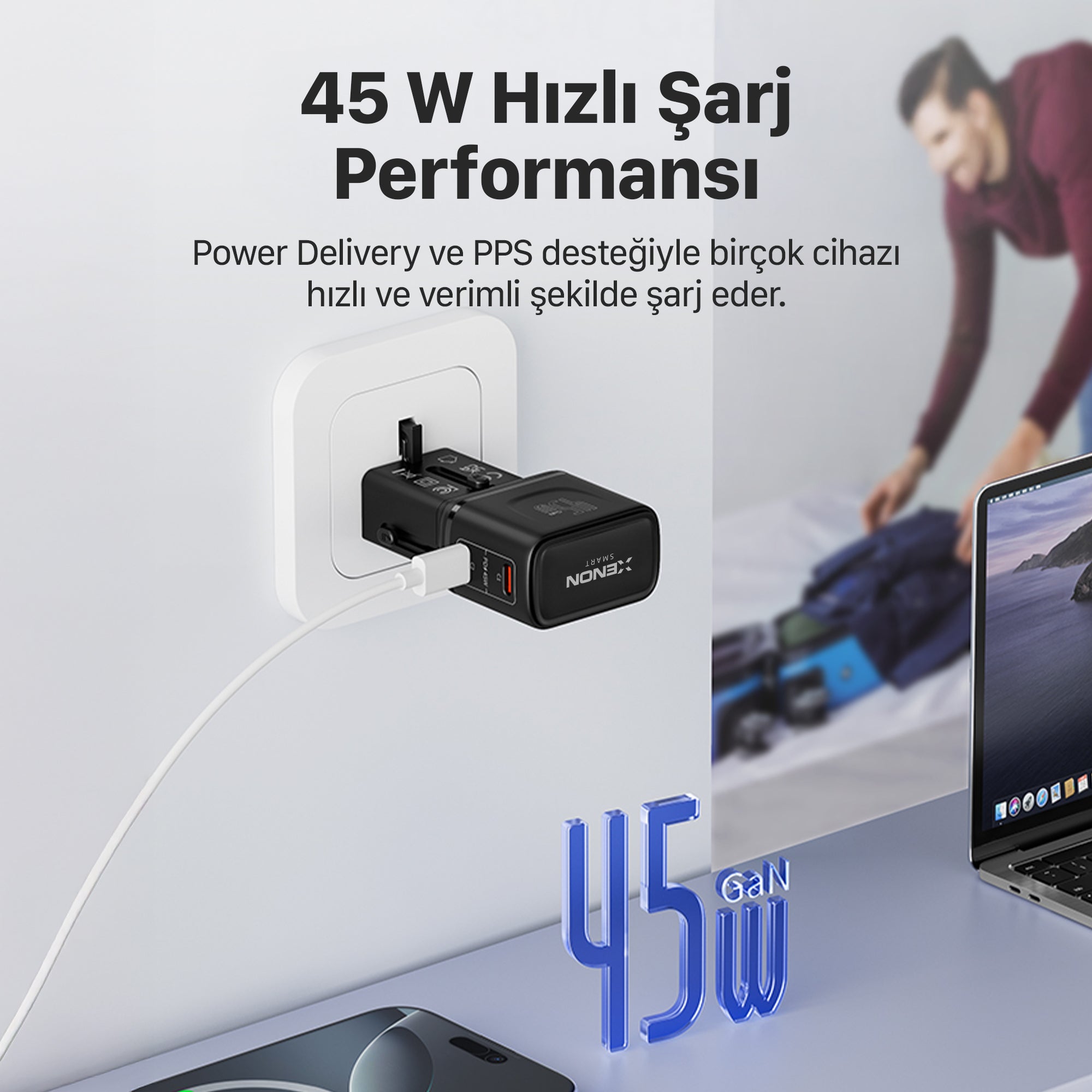 Priz Dönüştürücü | 45W GaN Hızlı Şarj, 200+ Ülke, 2x USB-C, PD PPS, Seyahat Adaptörü (X6409)