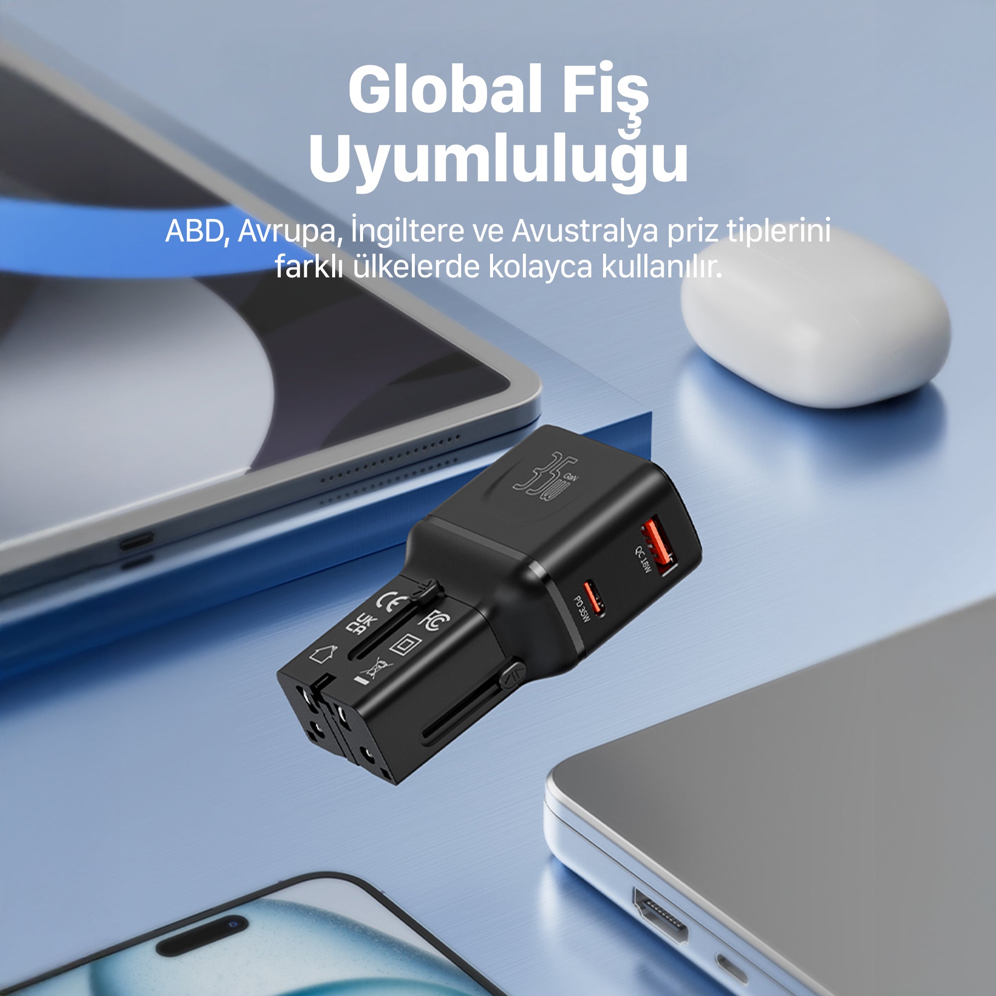 Priz Dönüştürücü | 35W GaN Hızlı Şarj, 200+ Ülke, USB-C & USB-A, PD PPS, Seyahat Adaptörü (X6407)