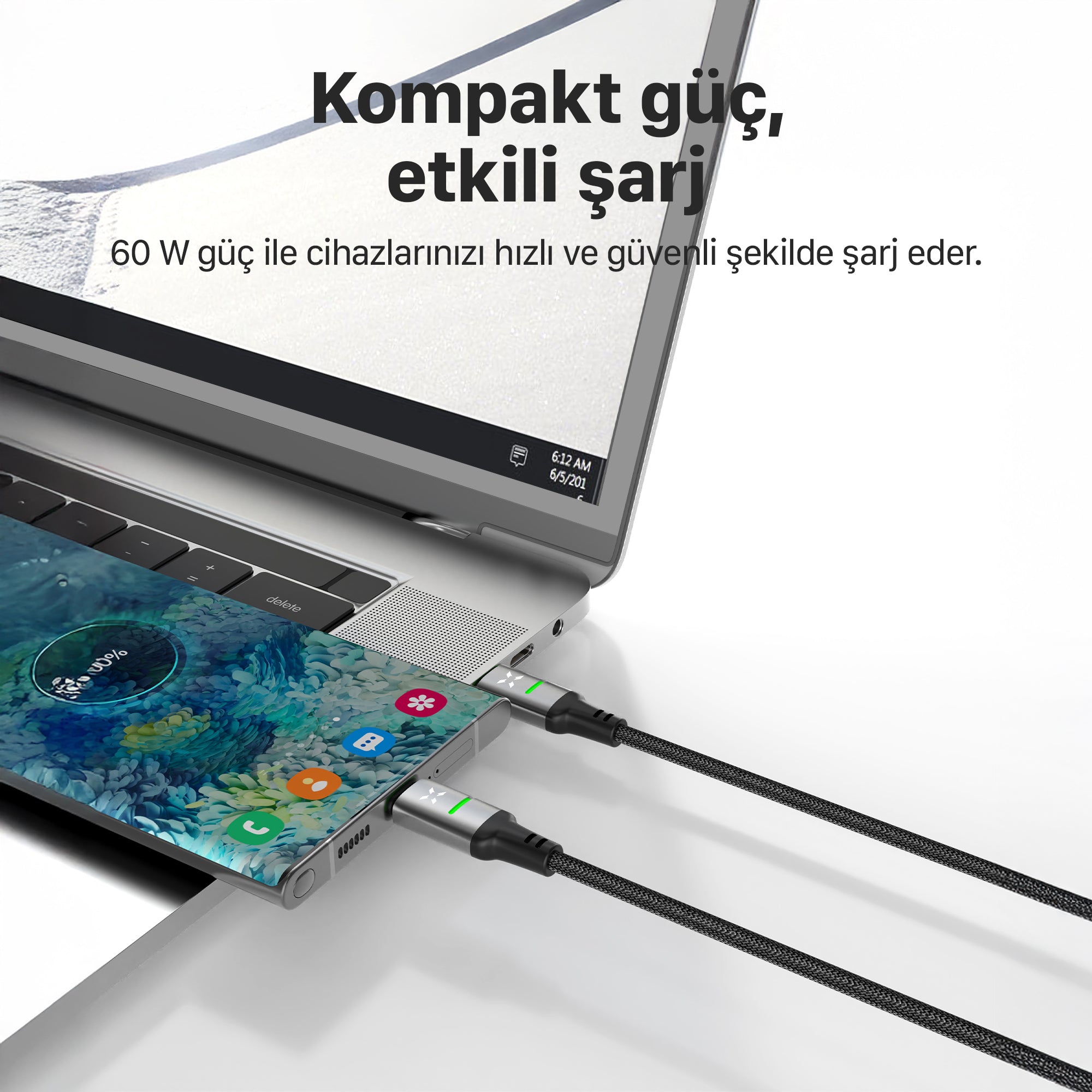 Type C Hızlı Şarj Kablosu | Type-C to Type-C, 60W, 480 Mbps, 1.2m, PD, Örgü, Led Gösterge (X6421)