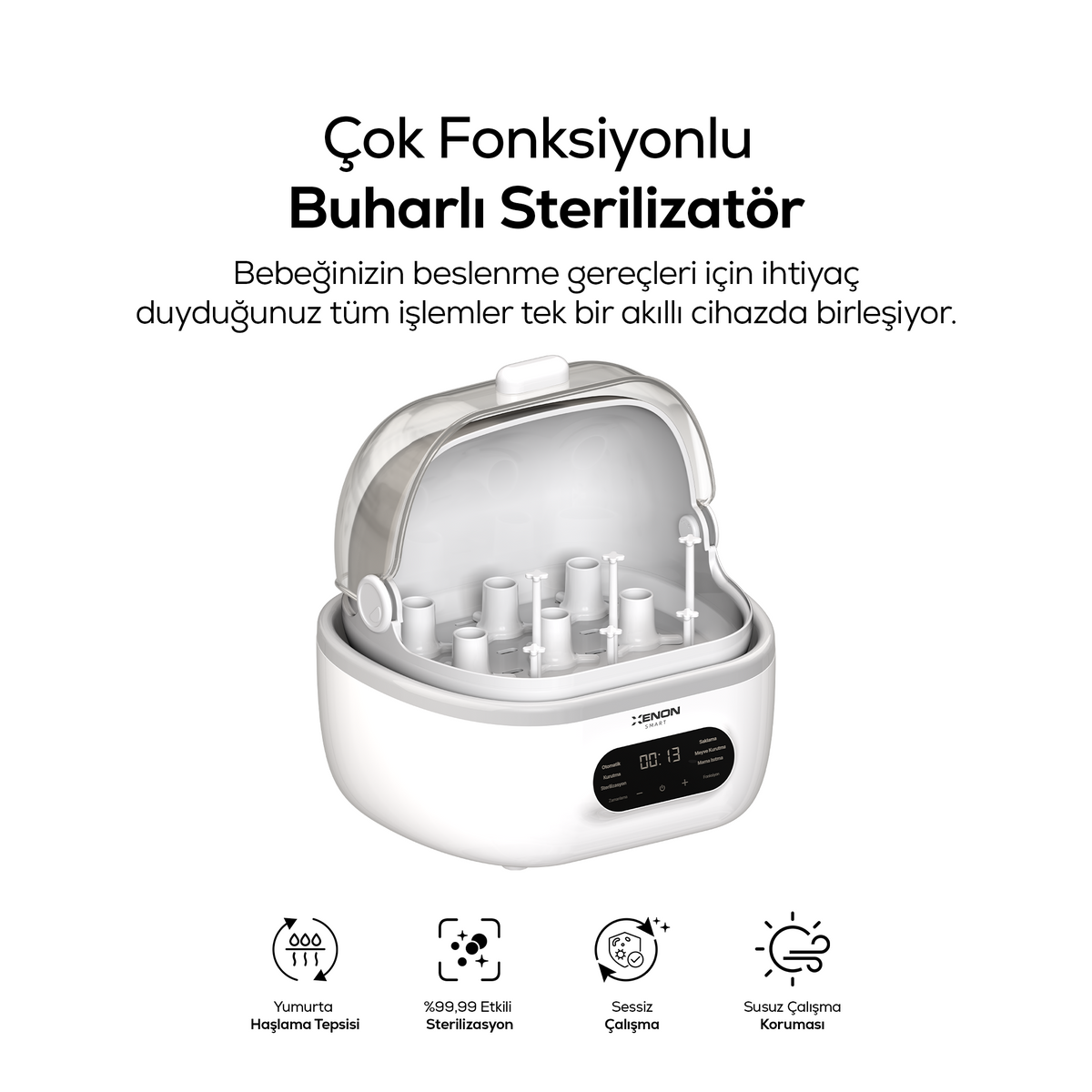 Çok Fonksiyonlu Biberon Sterilizatörü ve Kurutucu – Buharlı, Mama Isıtıcılı (X1001)