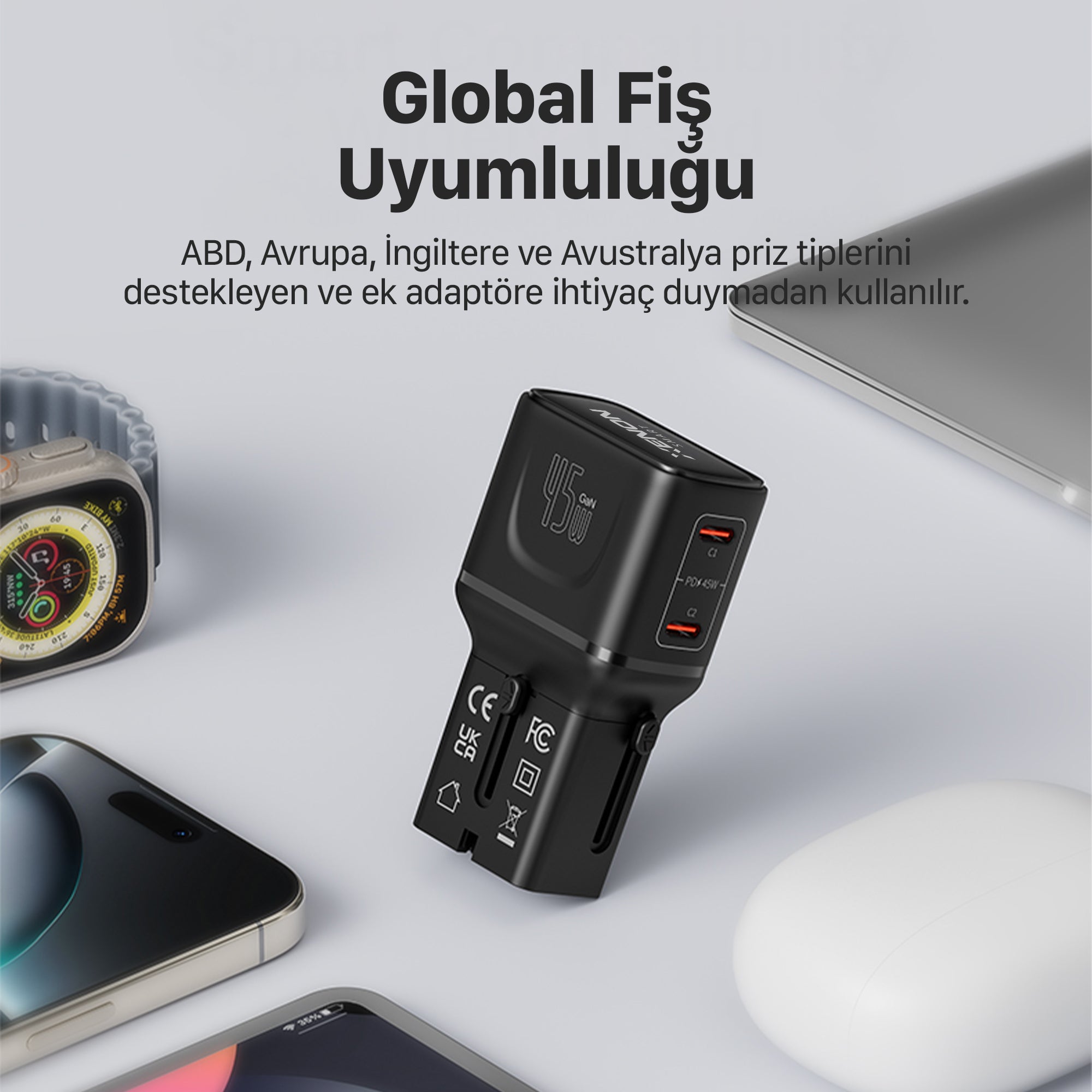 Priz Dönüştürücü | 45W GaN Hızlı Şarj, 200+ Ülke, 2x USB-C, PD PPS, Seyahat Adaptörü (X6409)