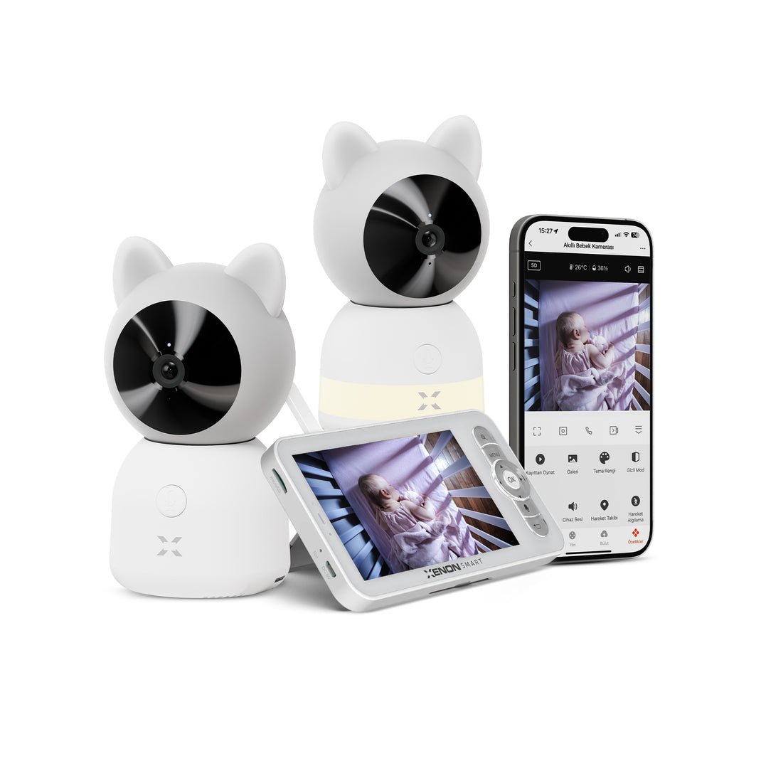 Çift Bebek Kamerası (Ekranlı) | 5" Monitör, Mobil Kontrol, 360° Hareket Takip, Ninni