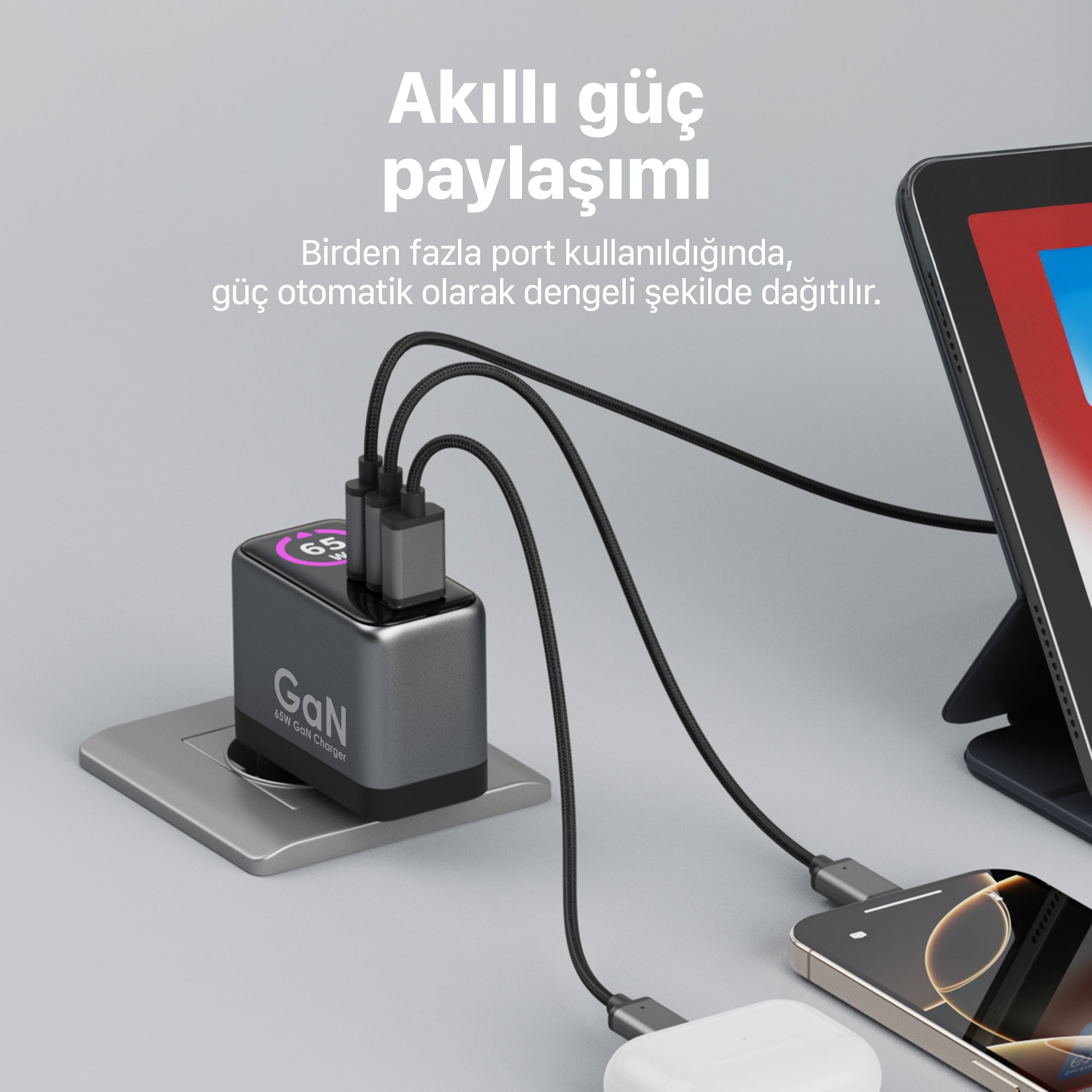 Hızlı Şarj Adaptörü | 65W, GaN, 2x USB-C ve 1 USB-A Çıkışlı, PD PPS, Dijital Güç Ekranlı (X6414)