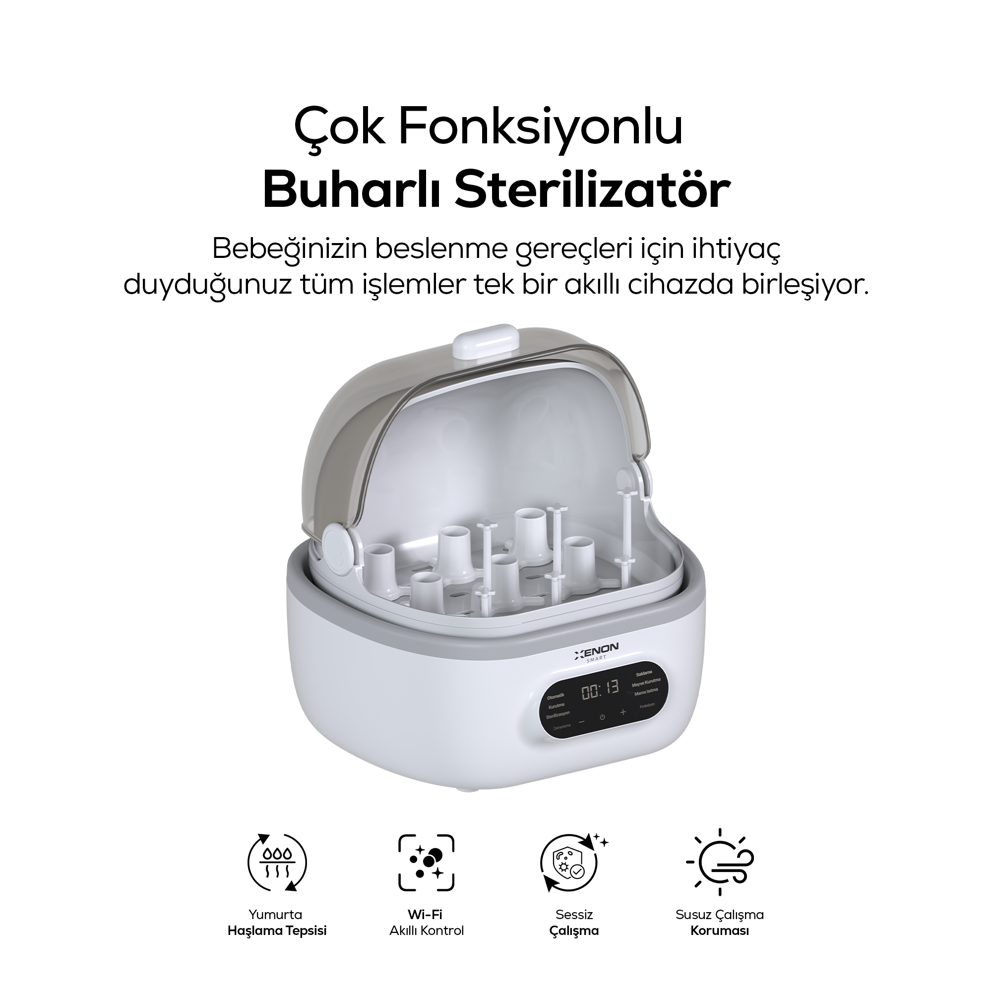 Çok Fonksiyonlu Biberon Sterilizatörü ve Kurutucu – Buharlı, Mama Isıtıcılı, Wi-Fi Akıllı Kontrol (X1001)
