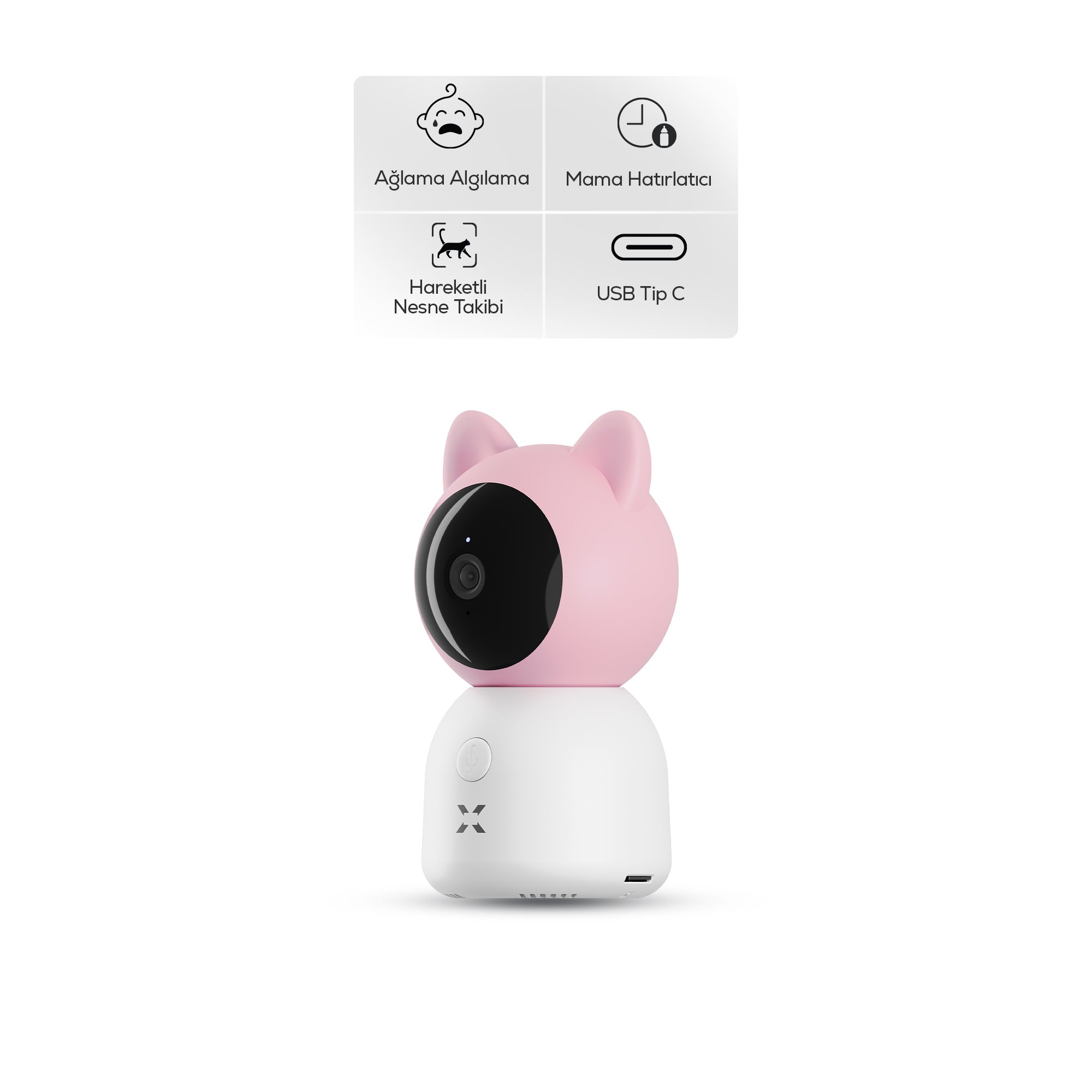 Bebek Kamerası 3MP | 5" LCD Monitör, Mobil Takip, Ağlama Algılama, 360° Gece Görüş, RGB Lambalı (Pembe-X7202)