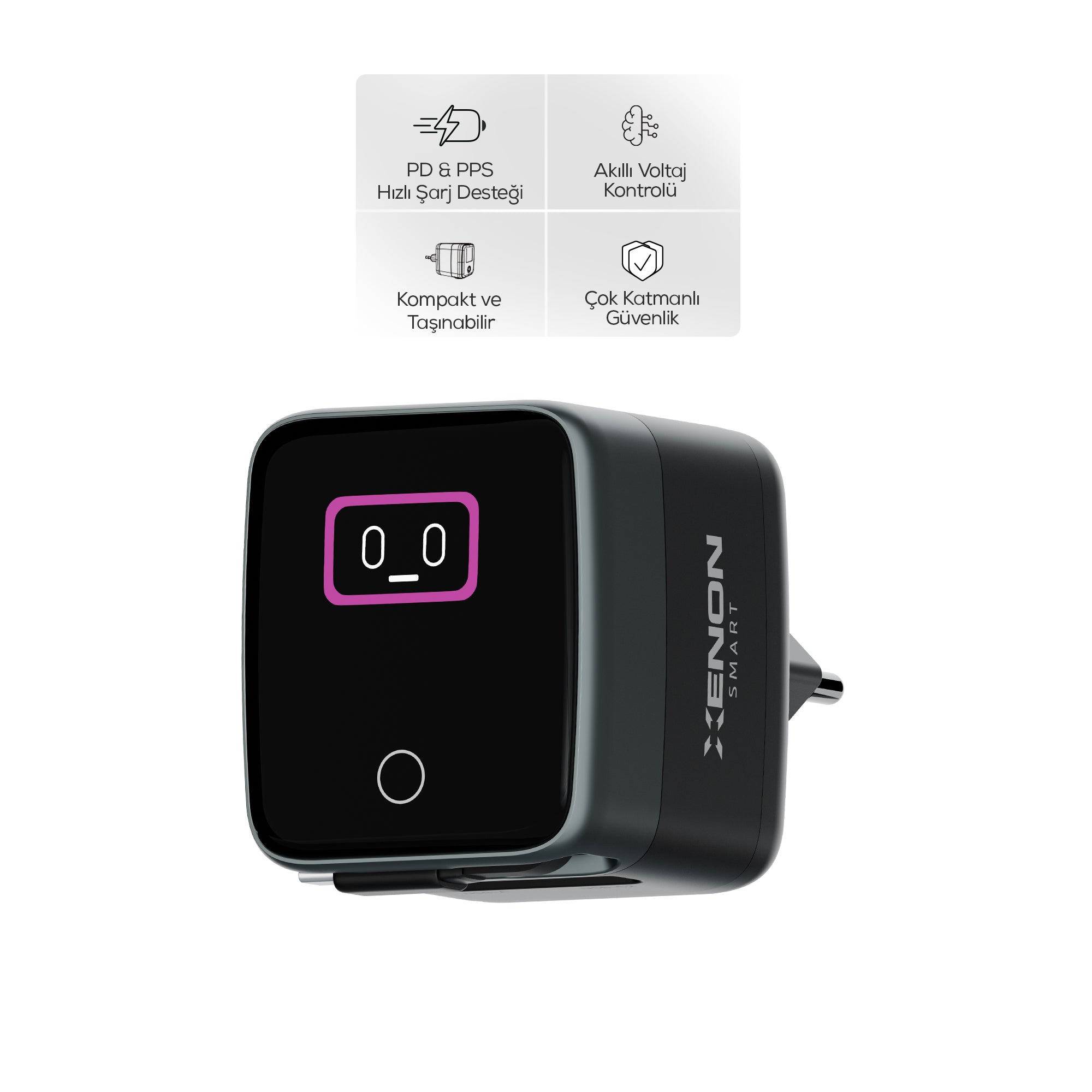 Hızlı Şarj Adaptörü | 70W, GaN, USB-C & USB-A, Dahili Type-C Kablo, PD PPS, Dijital Ekran (X6413)