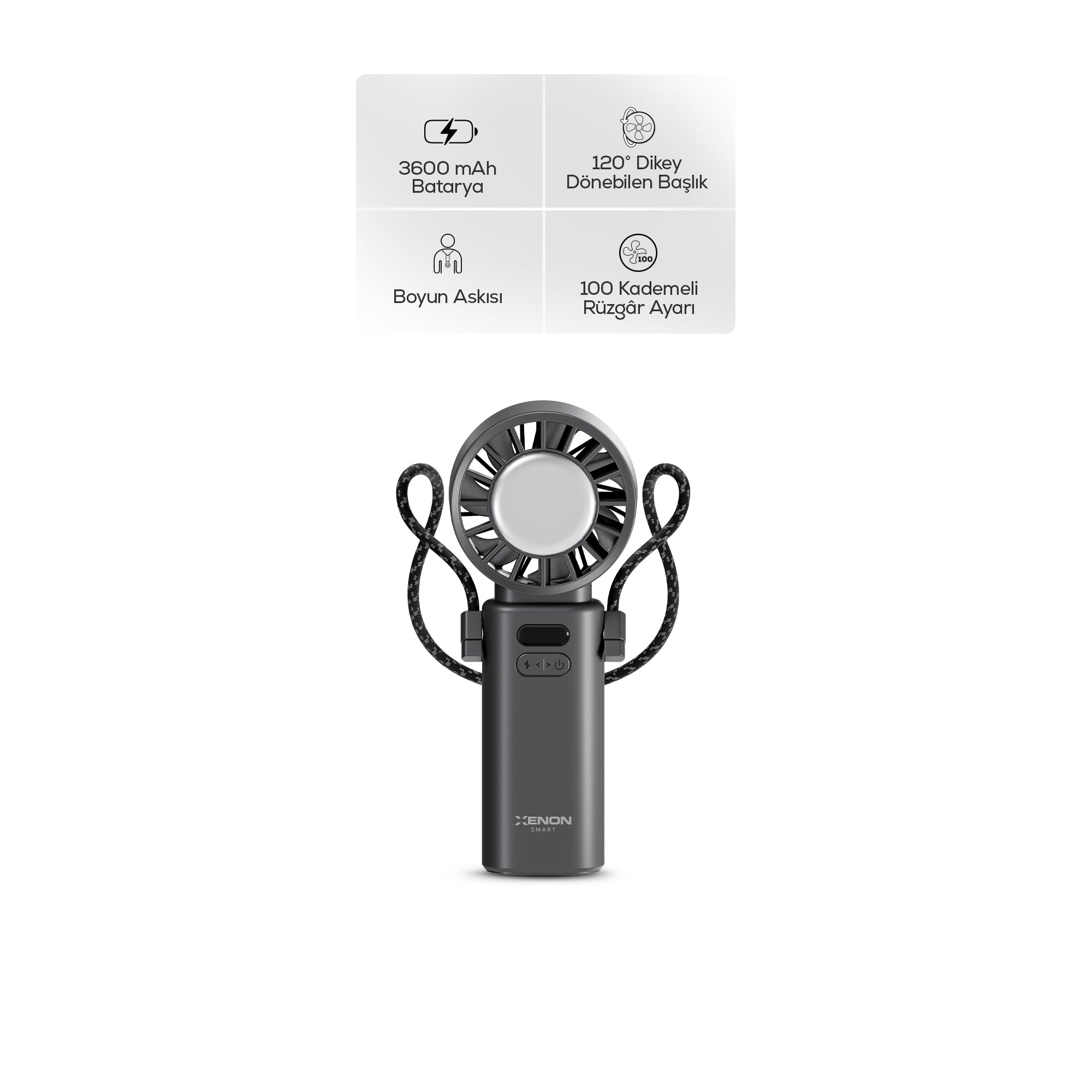 El Vantilatörü | Peltier Soğutma, 100 Kademe, 3600mAh, 8300 RPM, USB-C, Askılı, Gri (X6111)