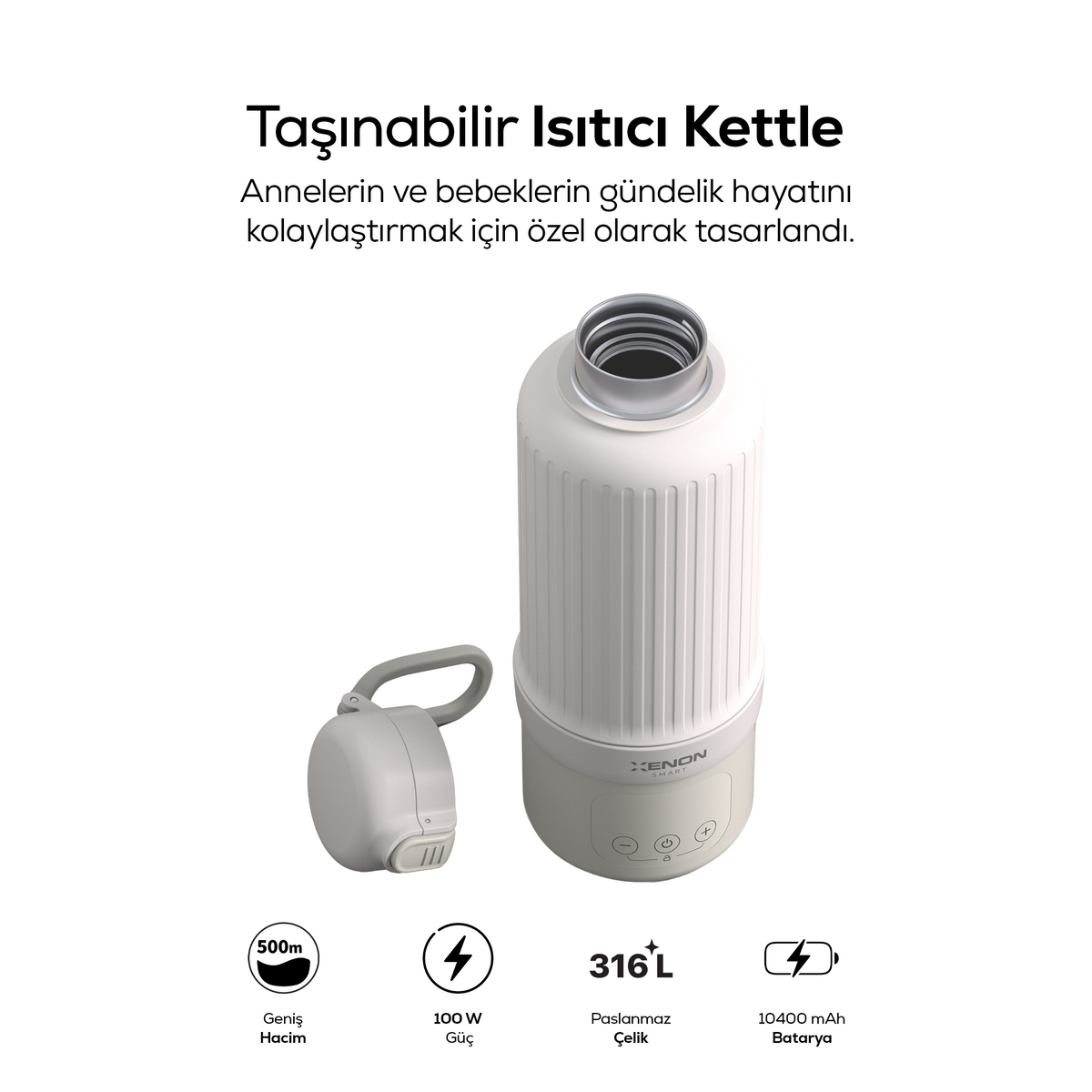 Taşınabilir Kettle | Şarjlı, 500 ml, 316L Çelik, Sıcaklık Ayarlı, Mama ve Süt Isıtıcı (X1004)