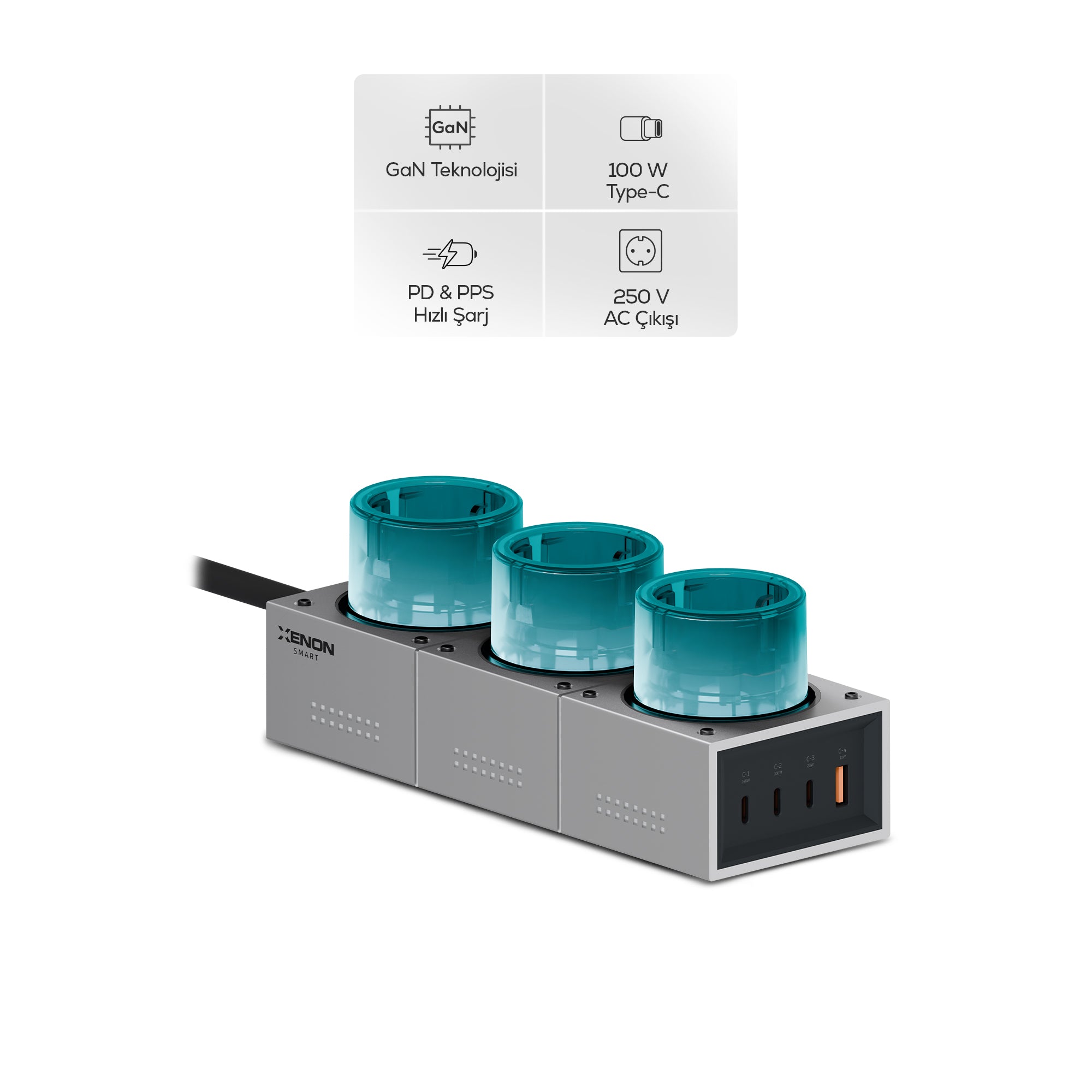 Masaüstü Priz Hızlı Şarj İstasyonu 7 in 1 | 3x 4000W AC, 140W 3xUSB-C, 1 USB-A, 100W Kablo (X6424)