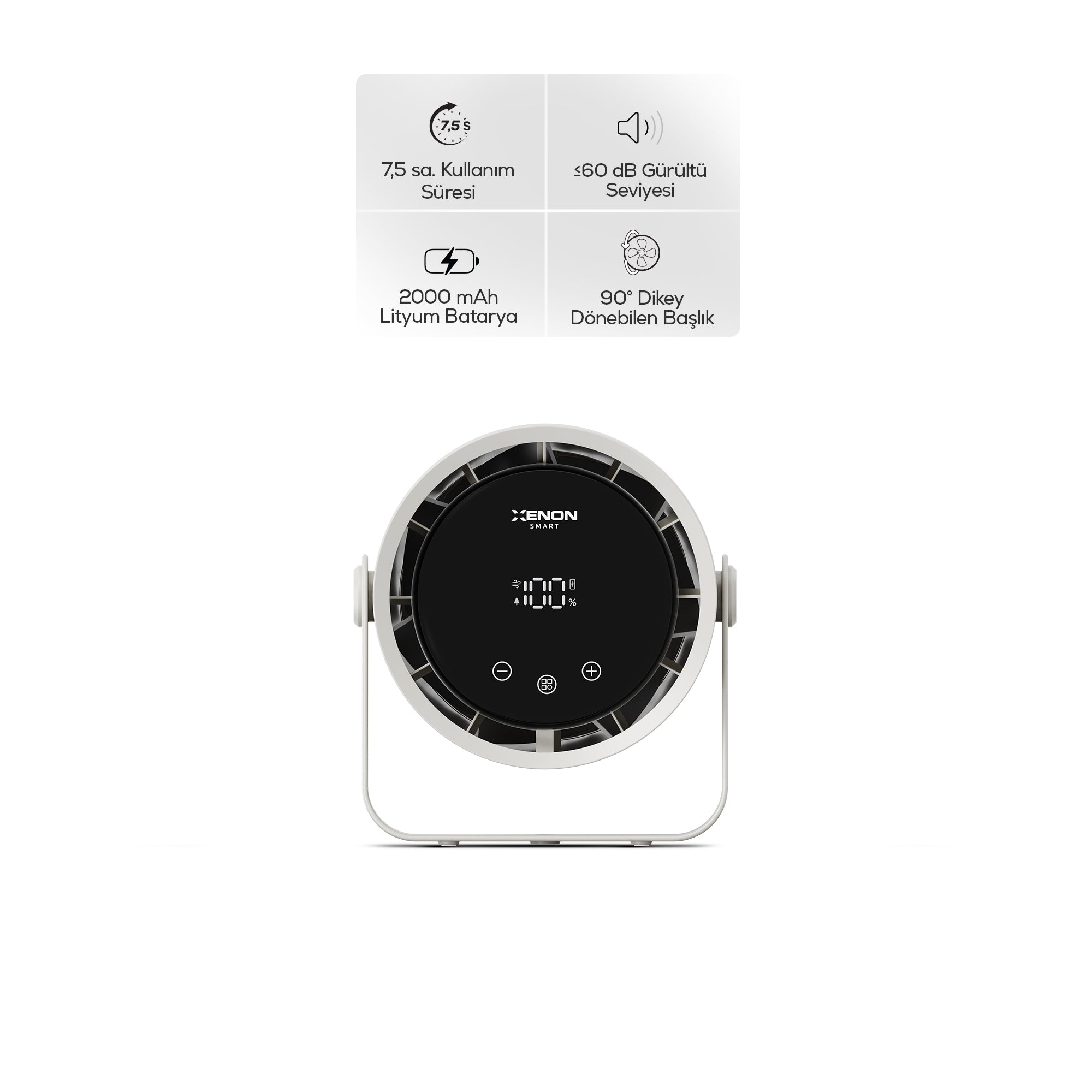 Taşınabilir Masaüstü Fanı | 100 Kademe Kontrol, Şarjlı, Dokunmatik Ekran, 2000mAh, USB-C (X6113)