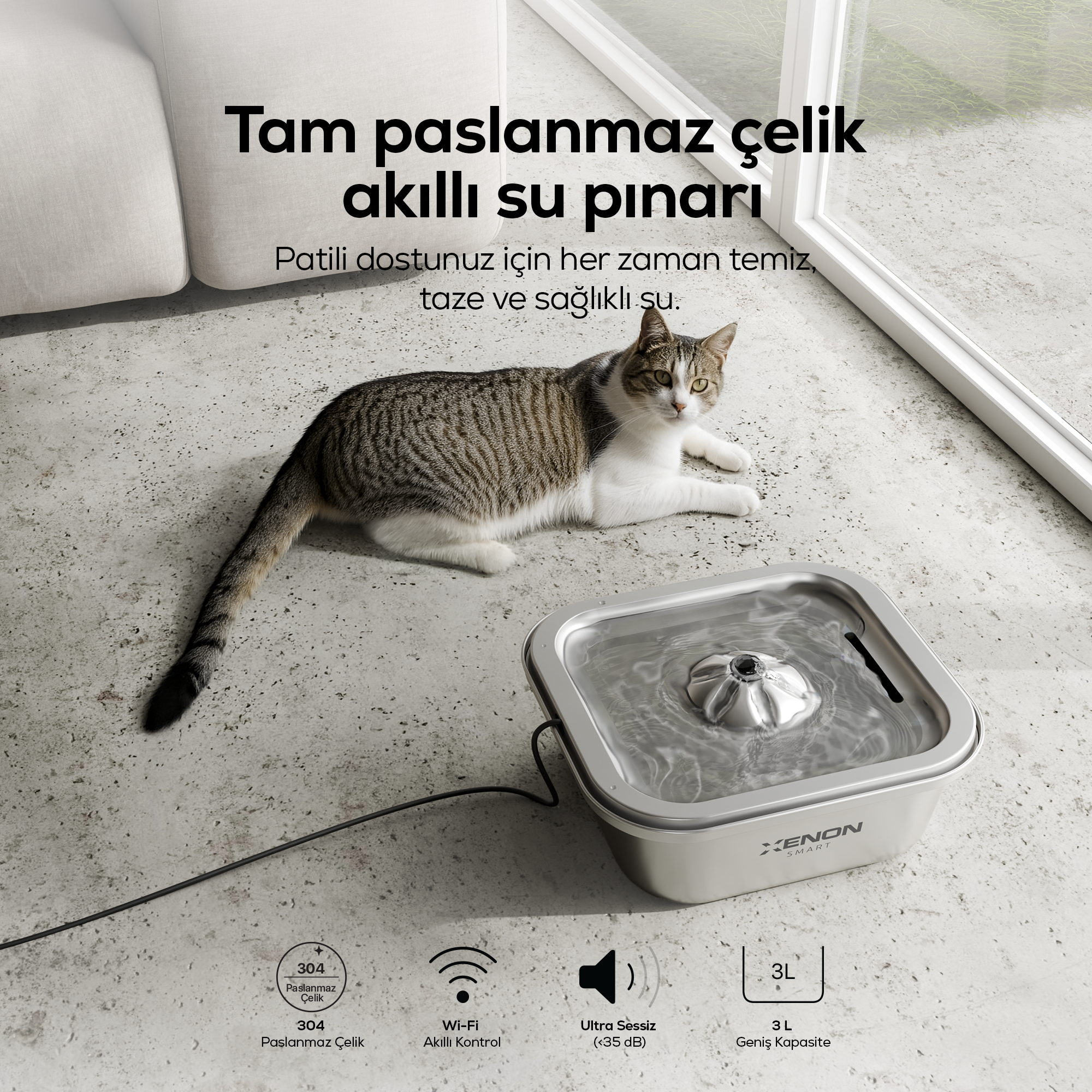 Kedi Su Pınarı | Çelik, Akıllı, 3L, Ultra Sessiz, Mobil Kontrol Destekli, Kedi Çeşmesi (X8651)
