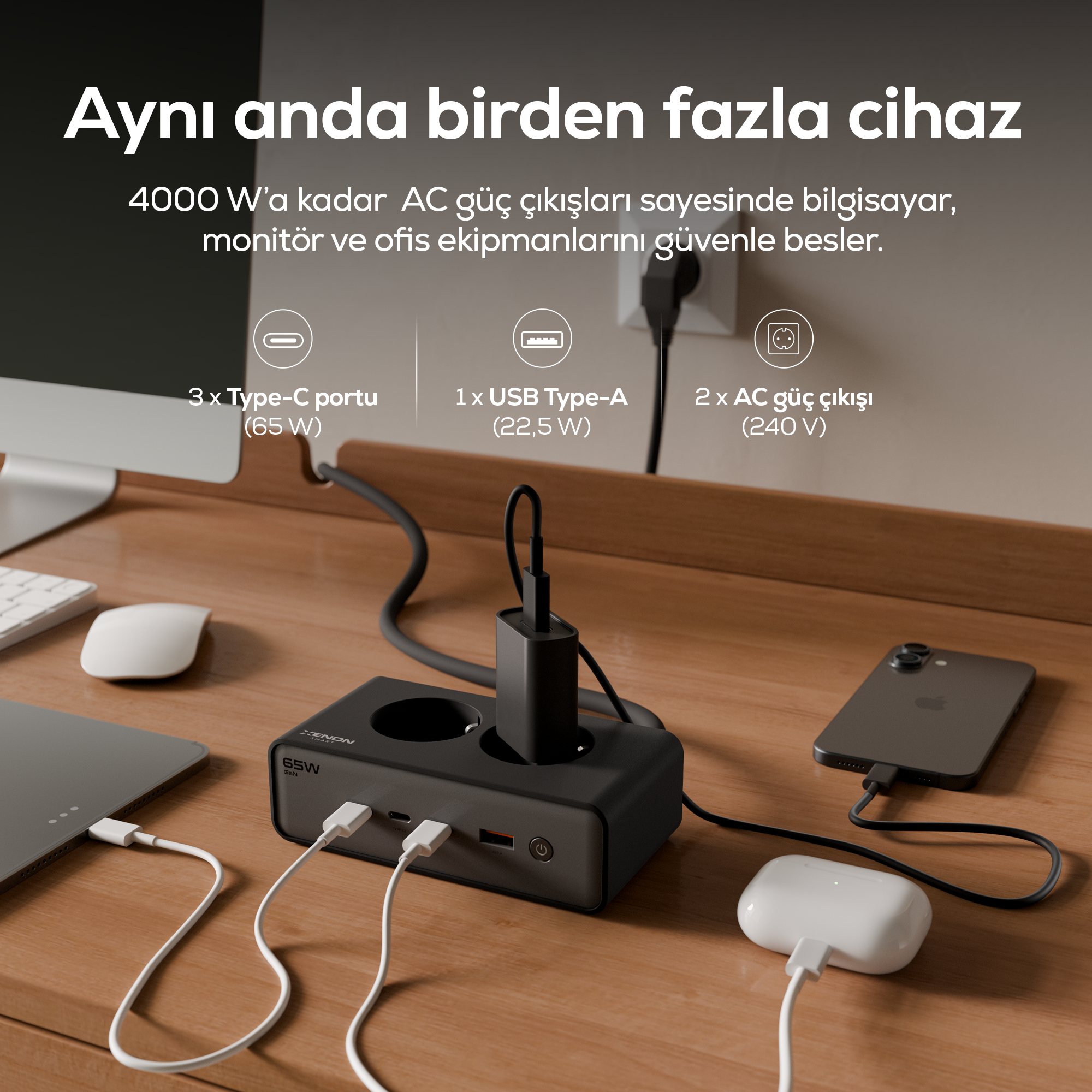 Masaüstü Priz Hızlı Şarj İstasyonu 6 in 1 | 4000W AC, 65W 3xUSB-C, 1 USB-A, 100W Type-C Kablo (X6423)