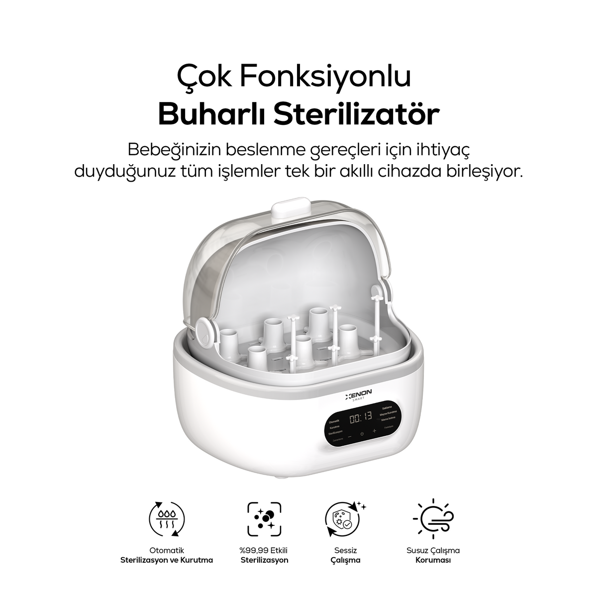 Çok Fonksiyonlu Biberon Sterilizatörü ve Kurutucu – Buharlı, Mama Isıtıcılı (X1001)
