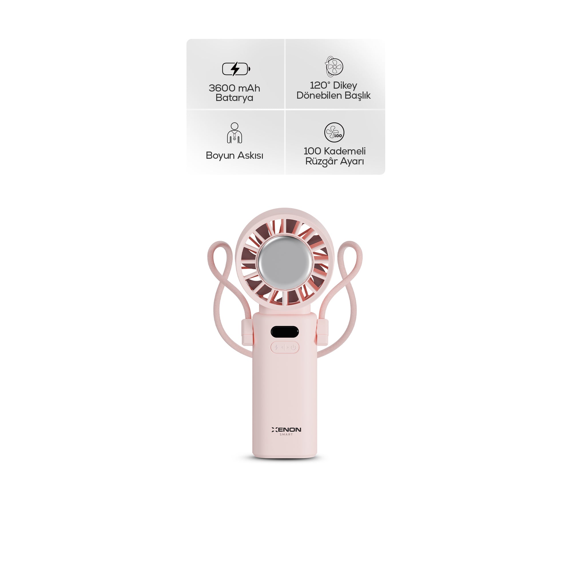 El Vantilatörü | Peltier Soğutma, 100 Kademe, 3600mAh, 8300 RPM, USB-C, Askılı, Pembe (X6111)