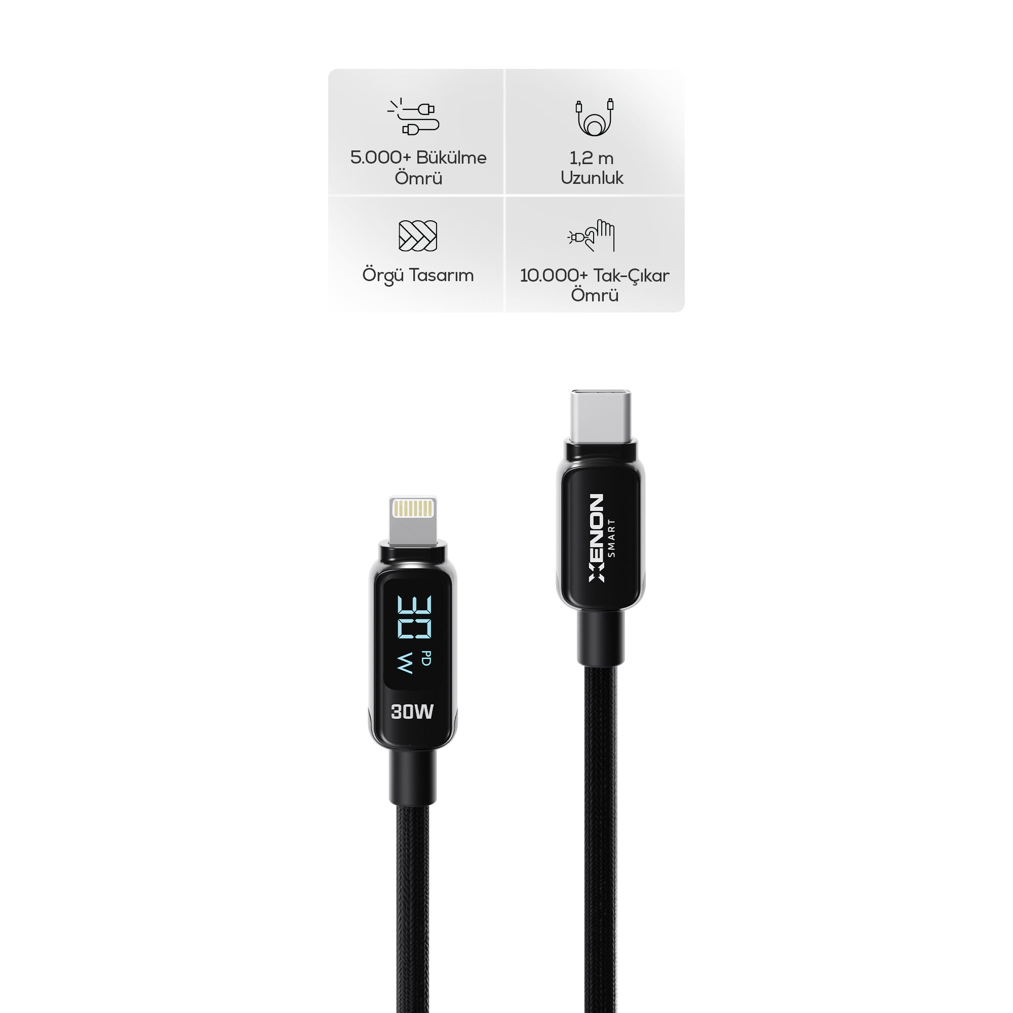 Type-C to Lightning iPhone Şarj Kablosu | 30W PD Hızlı Şarj, 1.2m, LED, Örgü, 480Mbps (X6426)