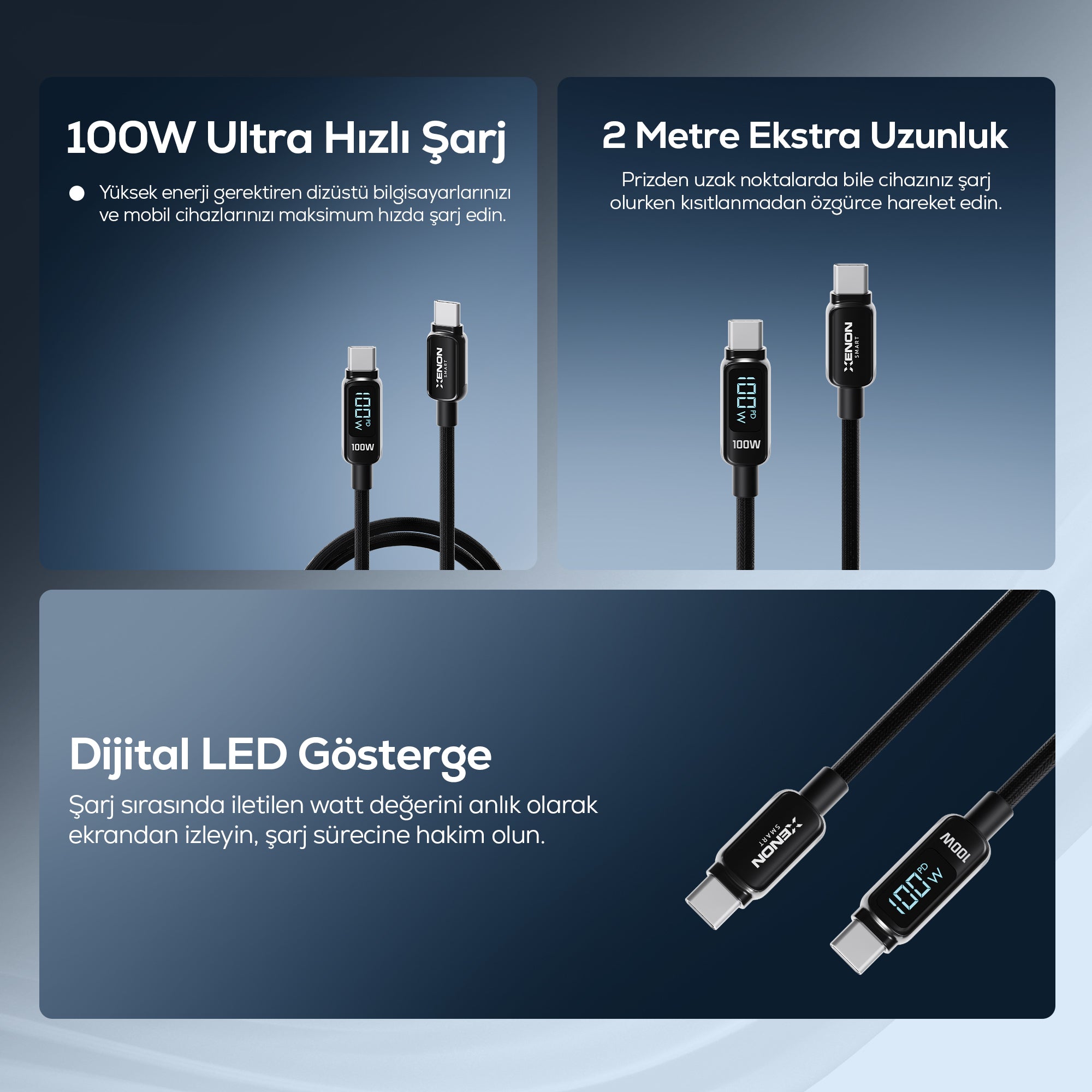 Type-C to Type-C Hızlı Şarj Kablosu | 100W PD, 2m, 480Mbps, Led Gösterge, Örgü (X6429)