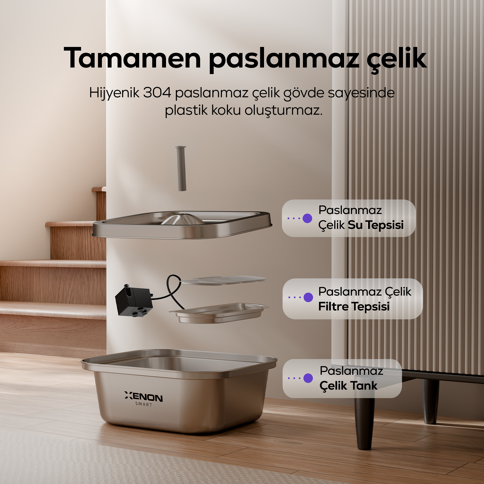 Kedi Su Pınarı | Çelik, Akıllı, 3L, Ultra Sessiz, Mobil Kontrol Destekli, Kedi Çeşmesi (X8651)