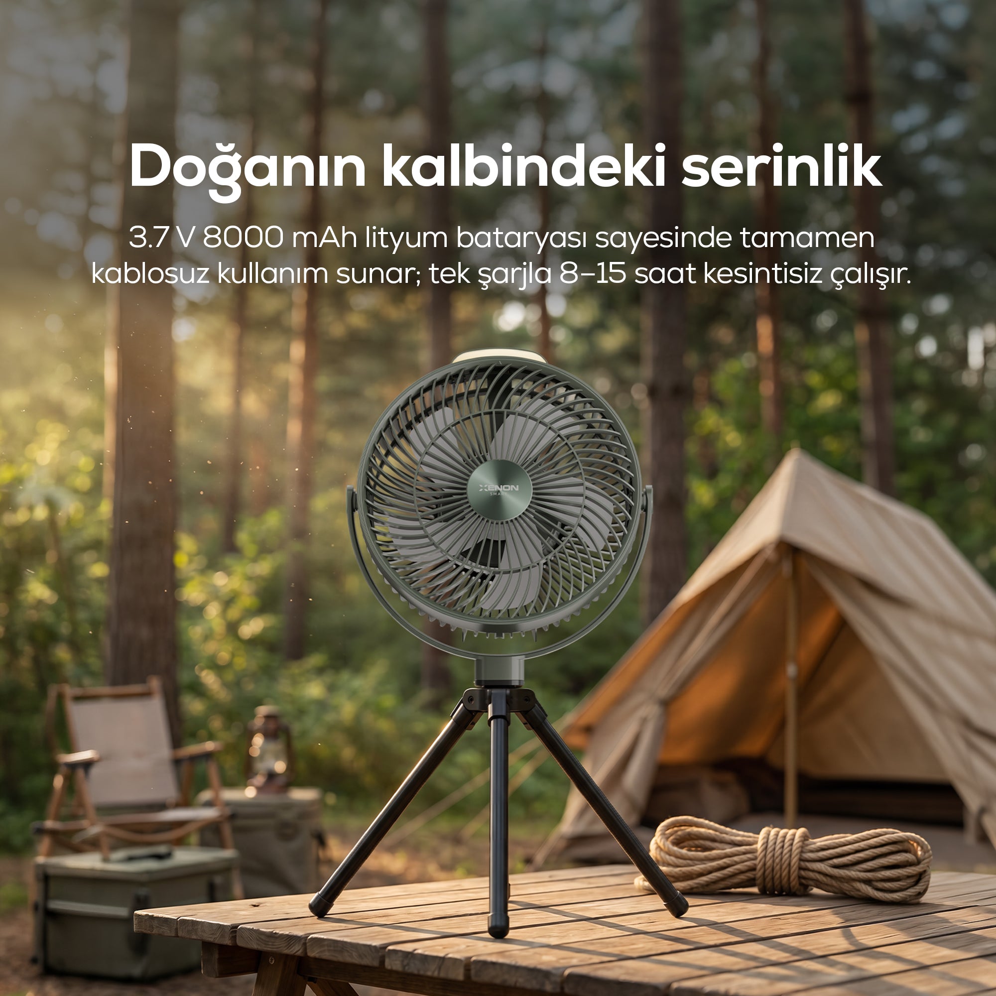 Taşınabilir Kamp Vantilatörü | 8000 mAh, Bataryalı, Tripodlu, Işıklı, Sessiz (X7434)