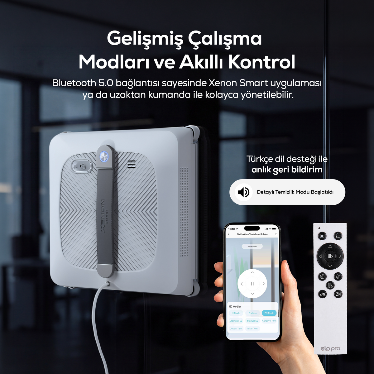 Elo Pro Cam Silme Robotu | 3 Yönlü Su Püskürtme, 4000 Pa, WiFi, Mobil Kontrol, Kumandalı (X8682)