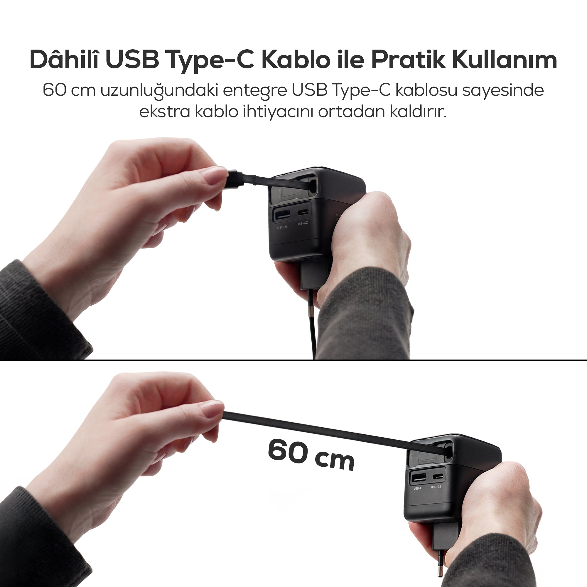 Hızlı Şarj Adaptörü | 70W, GaN, USB-C & USB-A, Dahili Type-C Kablo, PD PPS, Dijital Ekran (X6413)