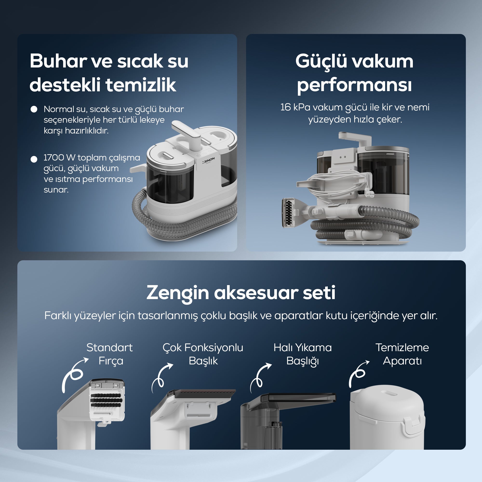 Buharlı Halı Yıkama & Koltuk Temizleme Makinesi 1700W | 16kPa Vakum, Buhar, Sıcak Su, Turbo (X6161)