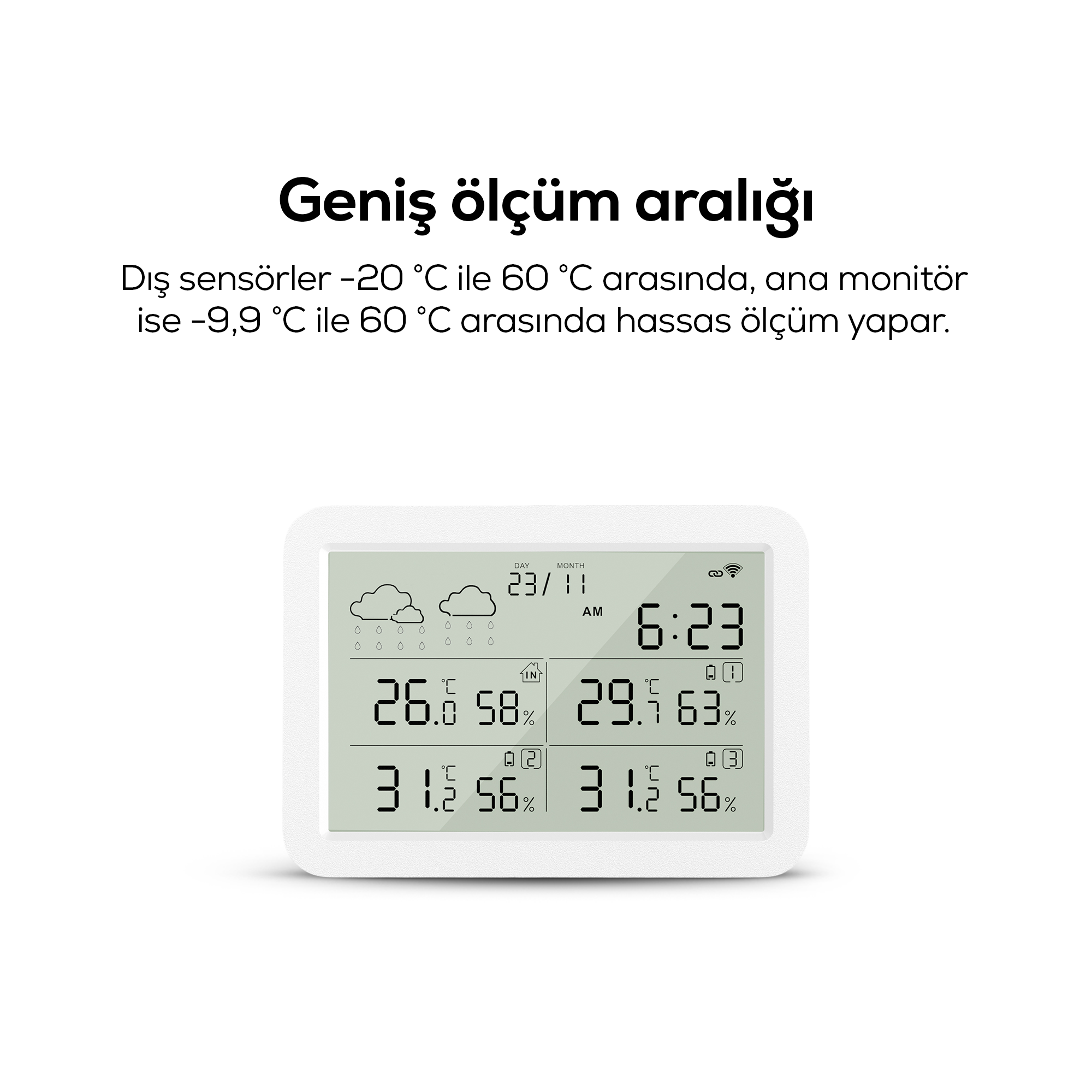 Dijital Termometre (Monitörlü) | 4 Bölge Takipli İç-Dış Mekan, WiFi, Akıllı İklim Sensörü (X7510)