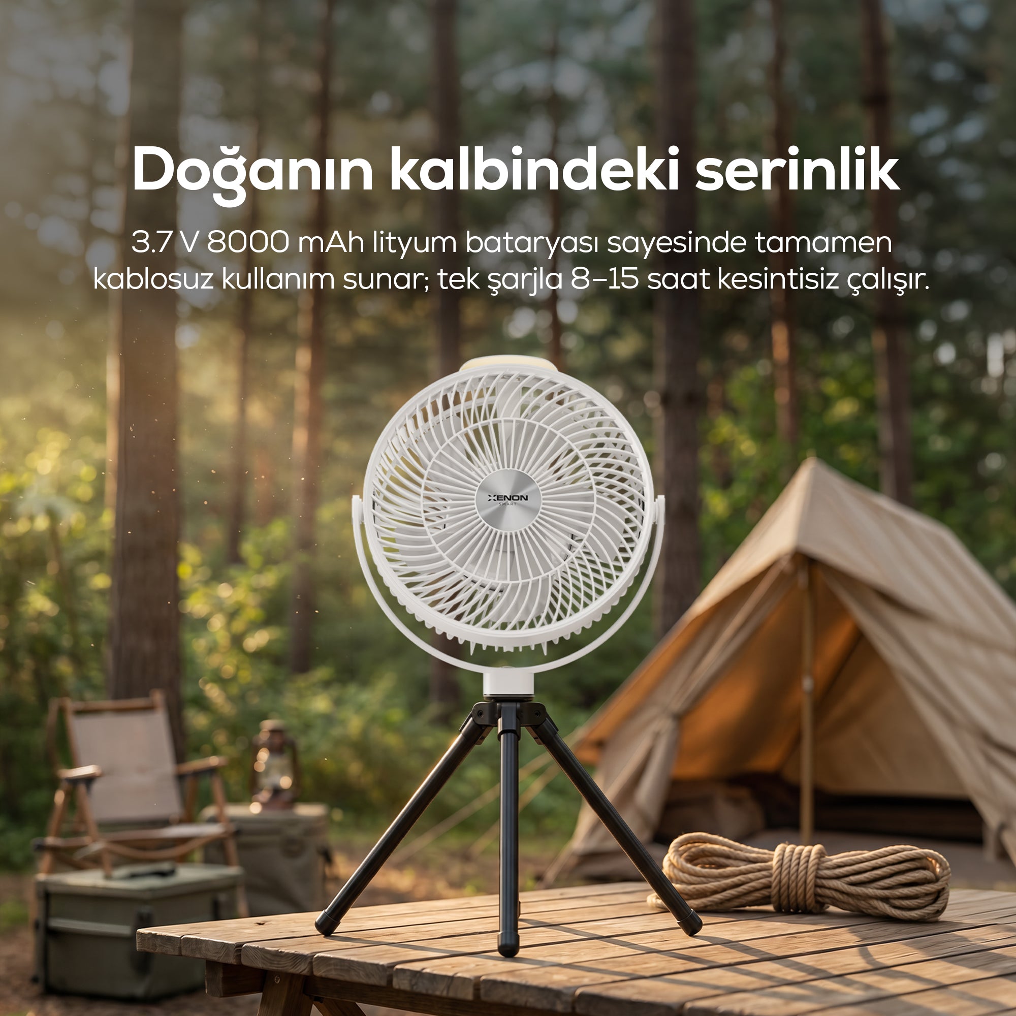 Taşınabilir Kamp Vantilatörü | 8000 mAh, Bataryalı, Tripodlu, Işıklı, Sessiz (X7434)