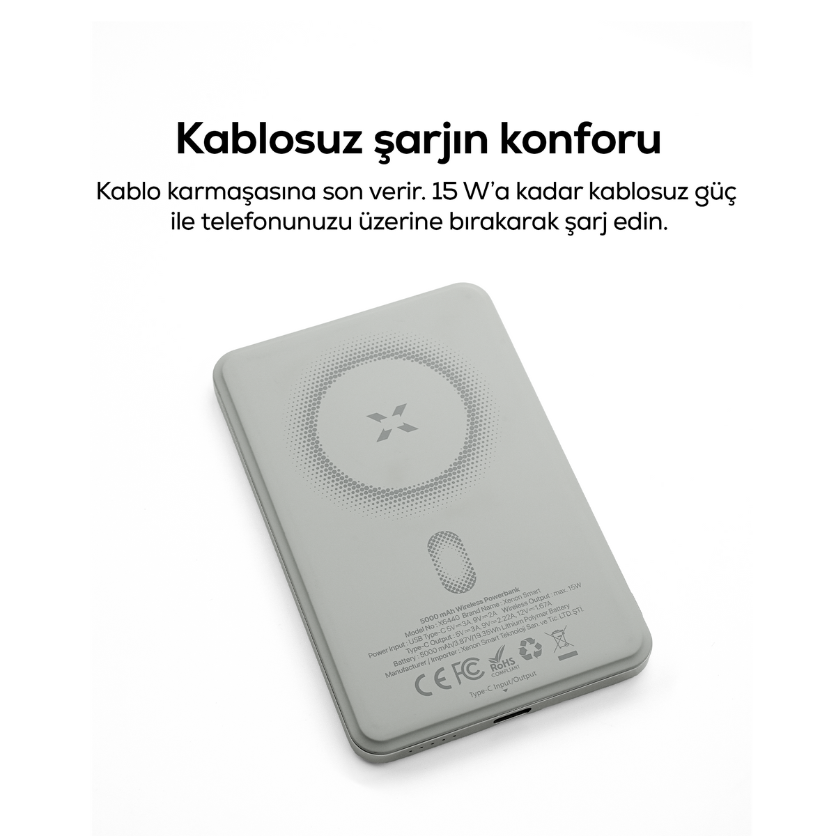 Kablosuz Powerbank 15W | 5000 Mah, Manyetik, 22.5W PD USB-C, İnce Alüminyum Gövde (X6440)