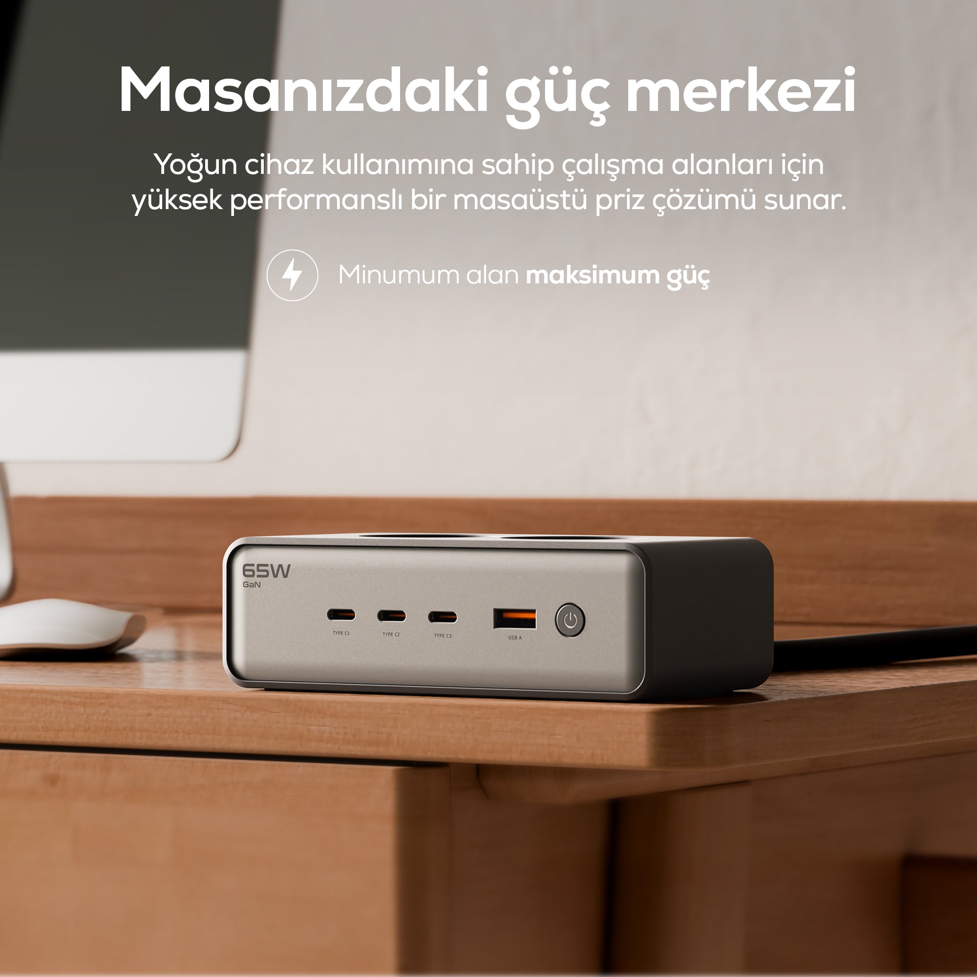 Masaüstü Priz Hızlı Şarj İstasyonu 6 in 1 | 2x 4000W AC, 65W 3xUSB-C, 1 USB-A, 100W Kablo (X6423)