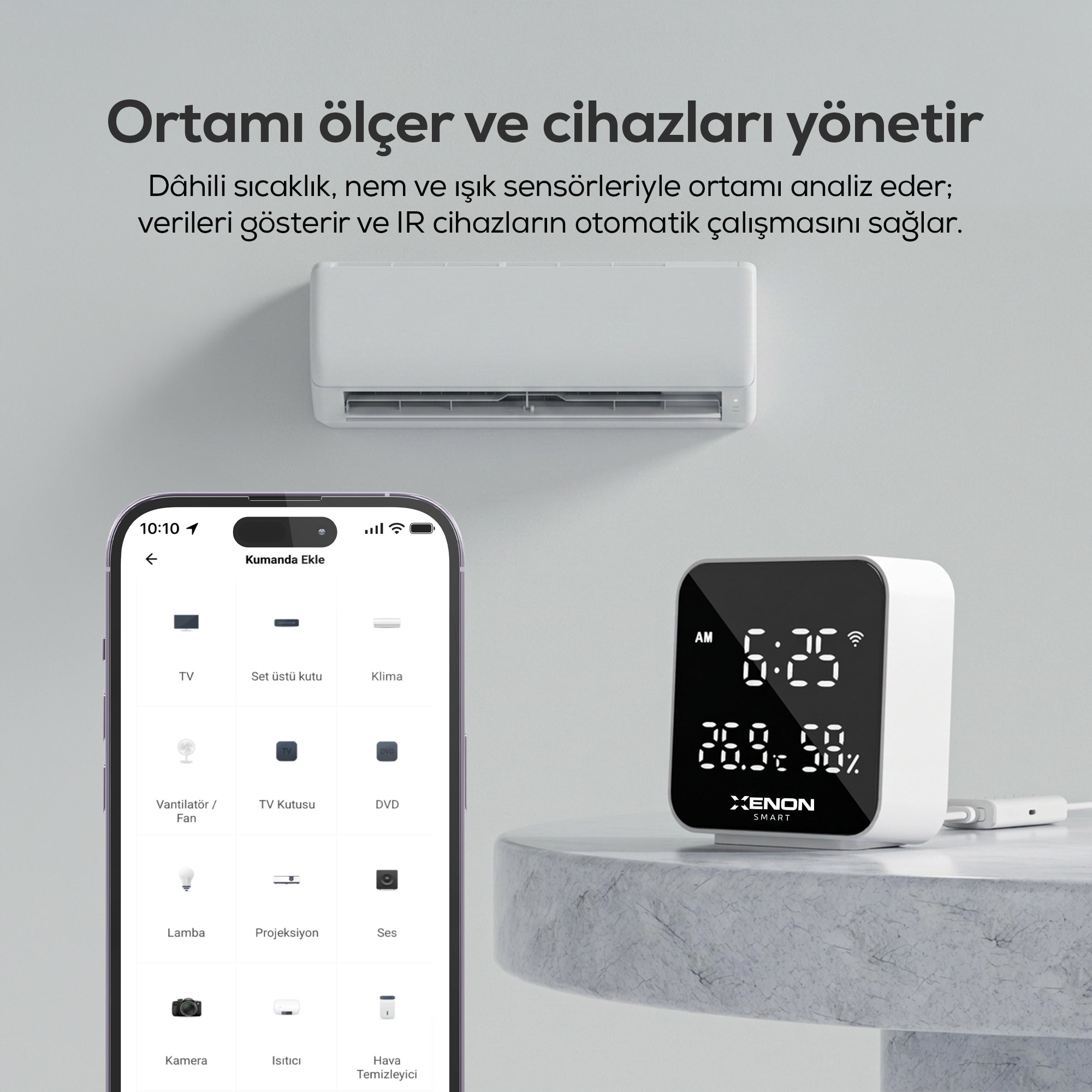 Dijital Termometre (Monitörlü) & Akıllı Kumanda IR | WiFi, Saatli, Klima TV Kontrolü (X7511)
