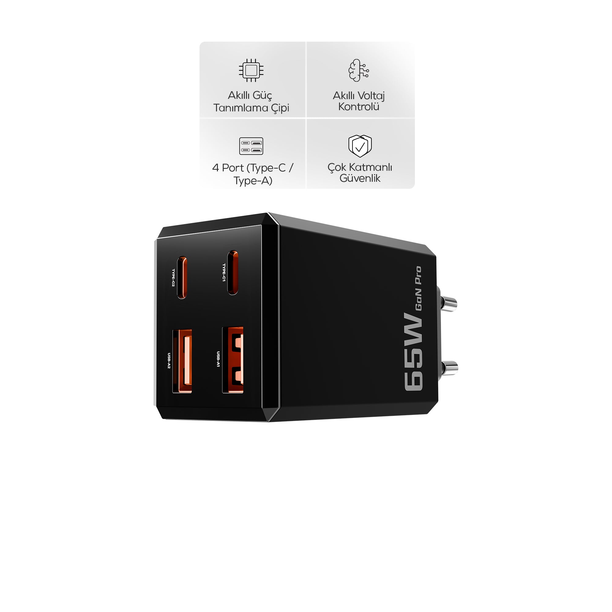 Hızlı Şarj Adaptörü 65W GaN + Type-C Kablo 100W PD | 4 Port, iPhone & Samsung Uyumlu (X6425)
